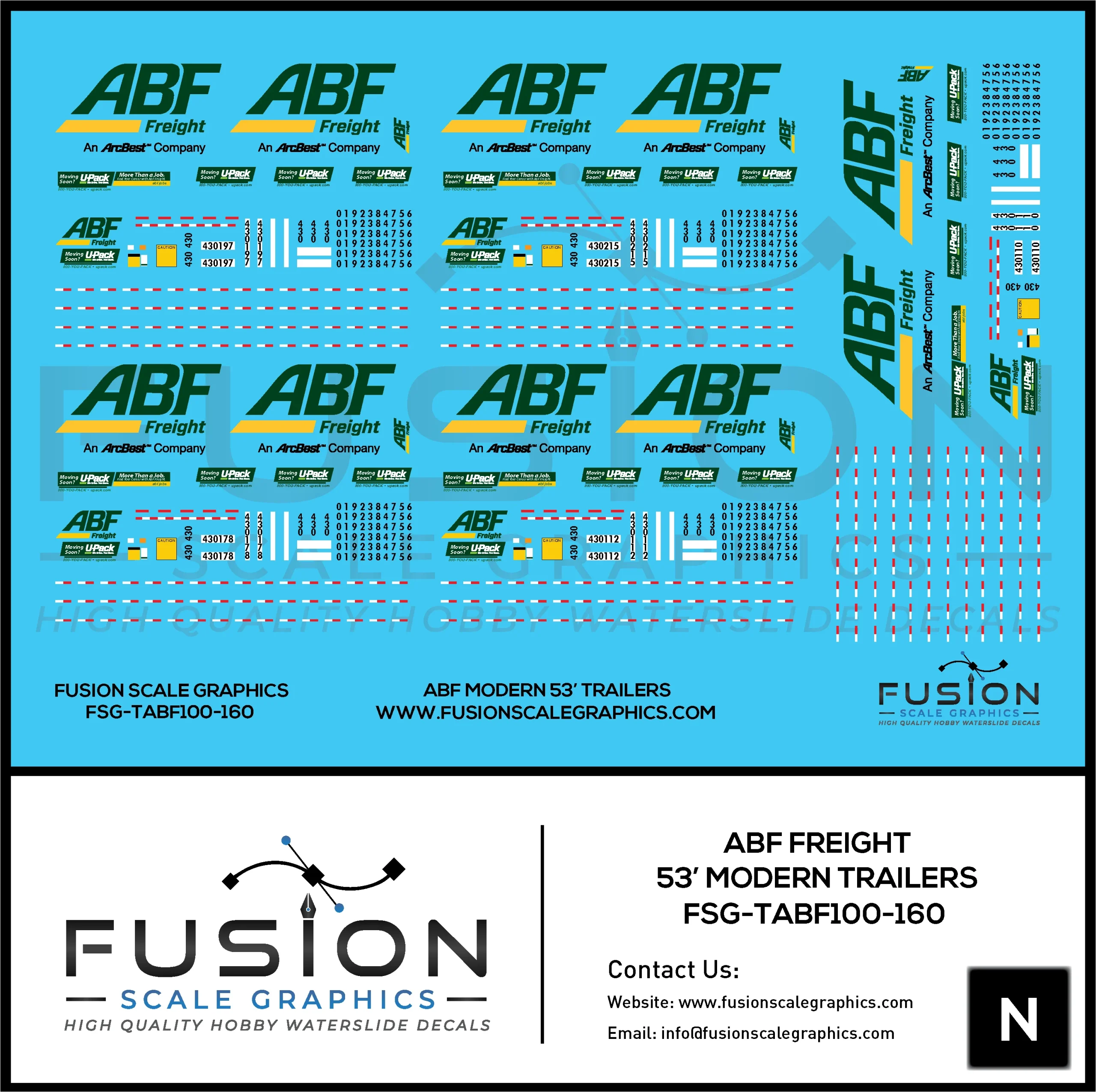 N Scale ABF Freight Modern 53' Truck Trailers Decal Set - Fusion Scale Graphics