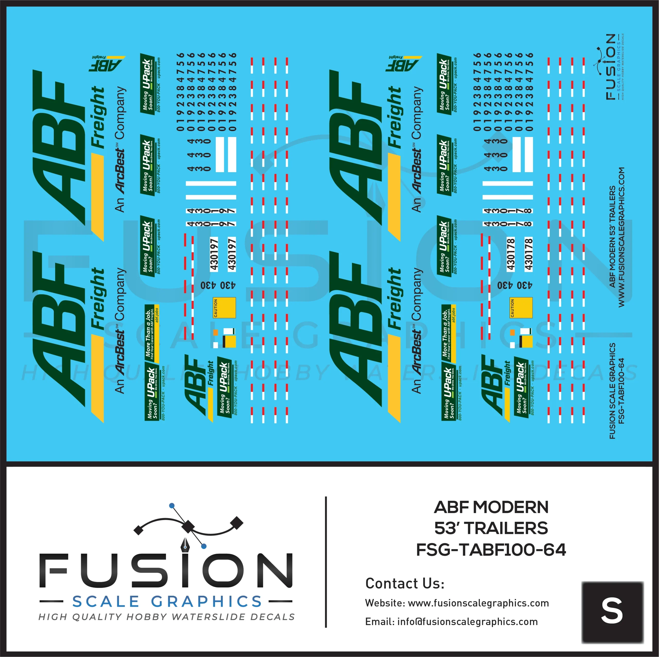 S Scale 1:64 ABF Freight Modern 53' Truck Trailers Decal Set - Fusion Scale Graphics