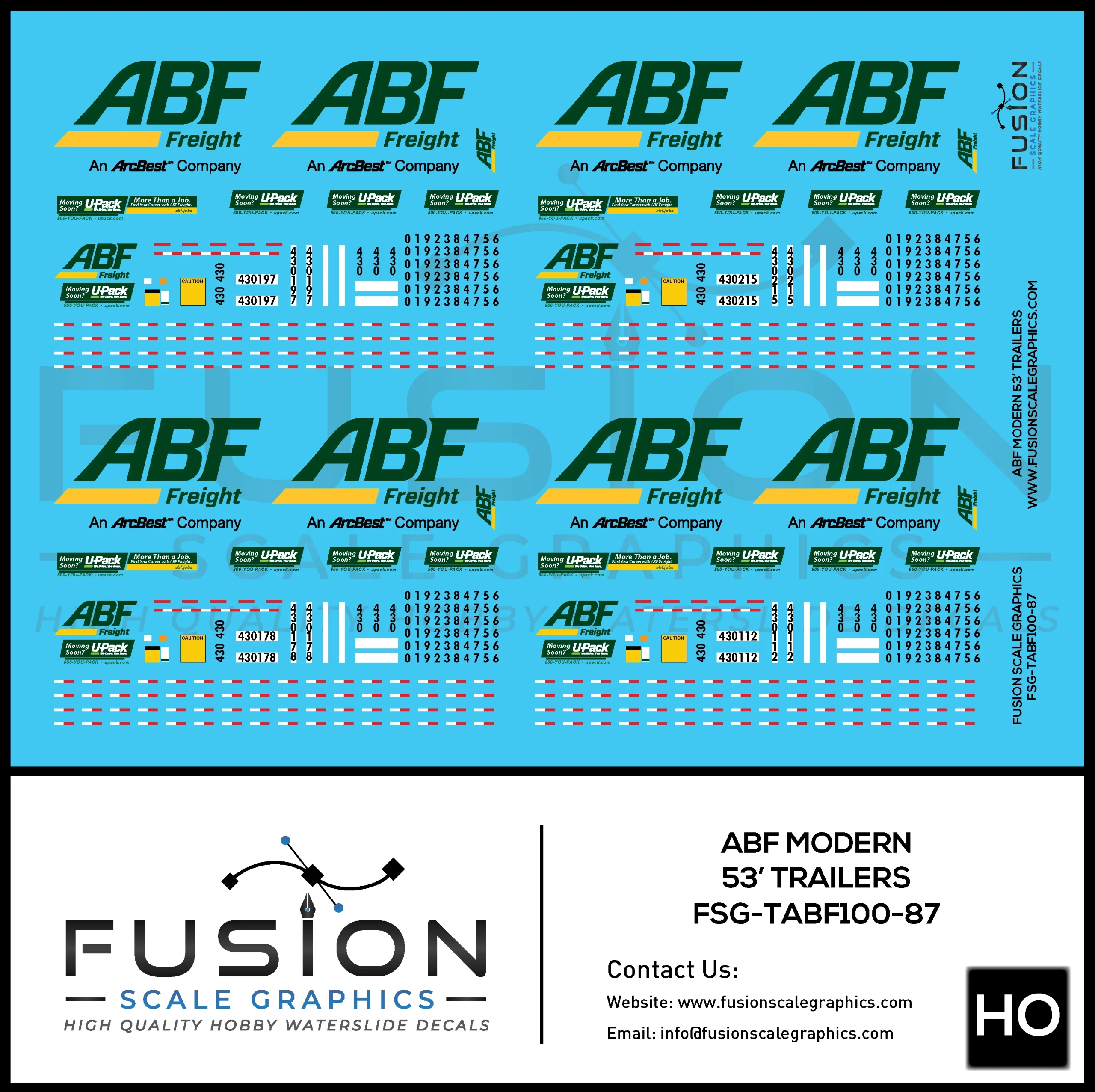 HO Scale ABF Freight Modern 53' Truck Trailers Decal Set - Fusion Scale Graphics