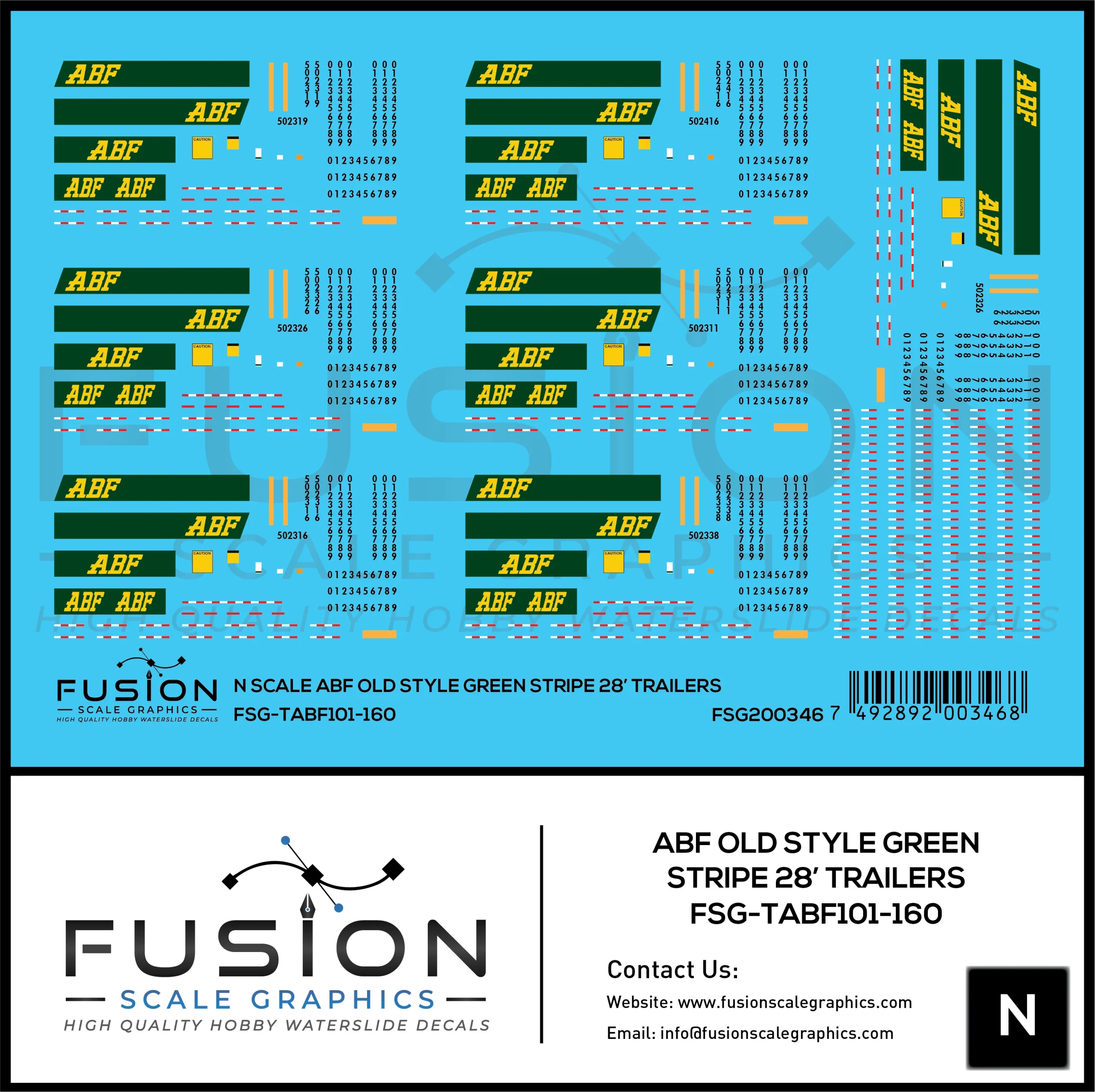 N Scale ABF Freight Old Style Green Stripe 28' Truck Trailers Decal Set - Fusion Scale Graphics