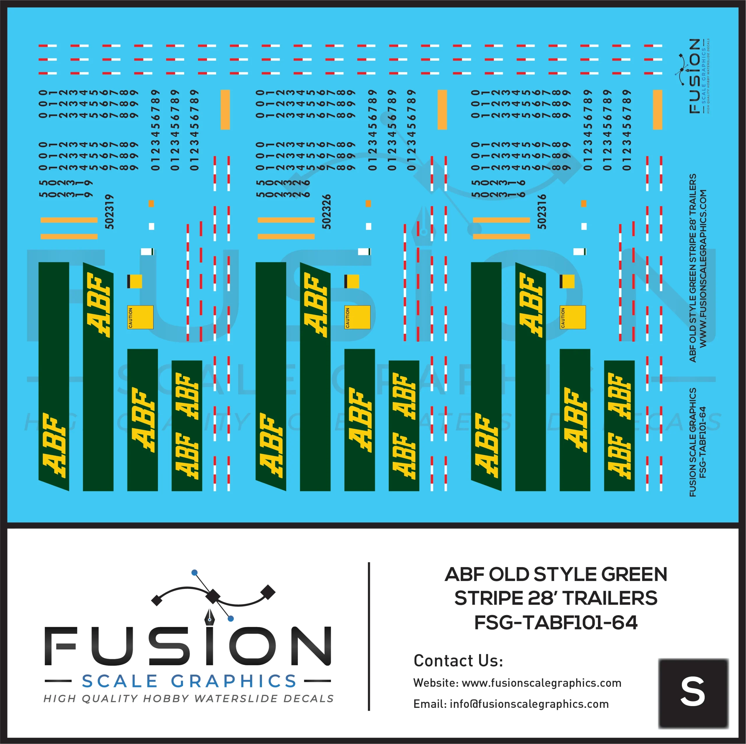 S Scale 1:64 ABF Freight Old Style Green Stripe 28' Truck Trailers Decal Set - Fusion Scale Graphics