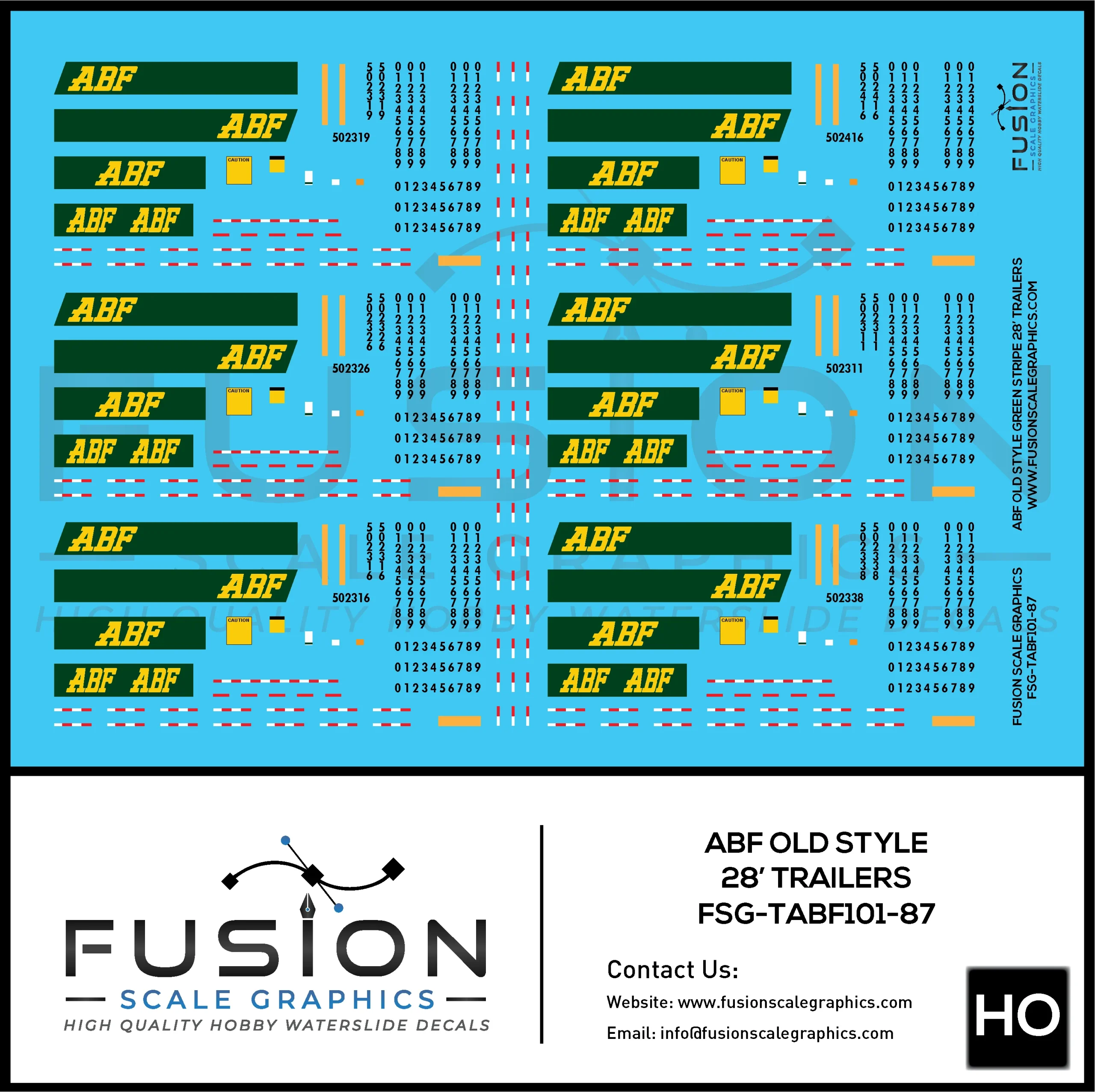 HO Scale ABF Freight Old Style Green Stripe 28' Truck Trailers Decal Set - Fusion Scale Graphics