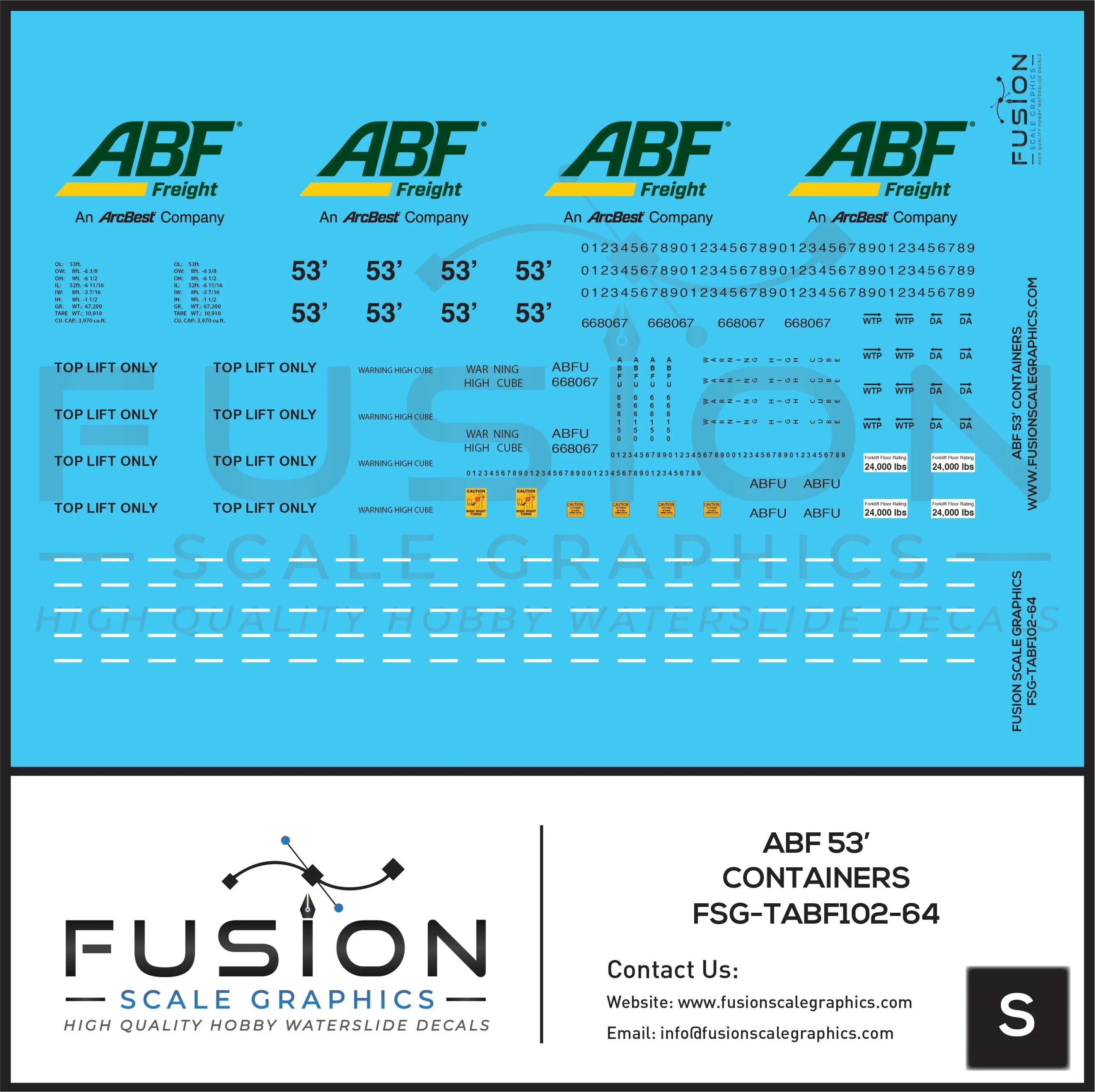 S Scale 1:64 ABF Freight Modern 53' Containers Decal Set - Fusion Scale Graphics