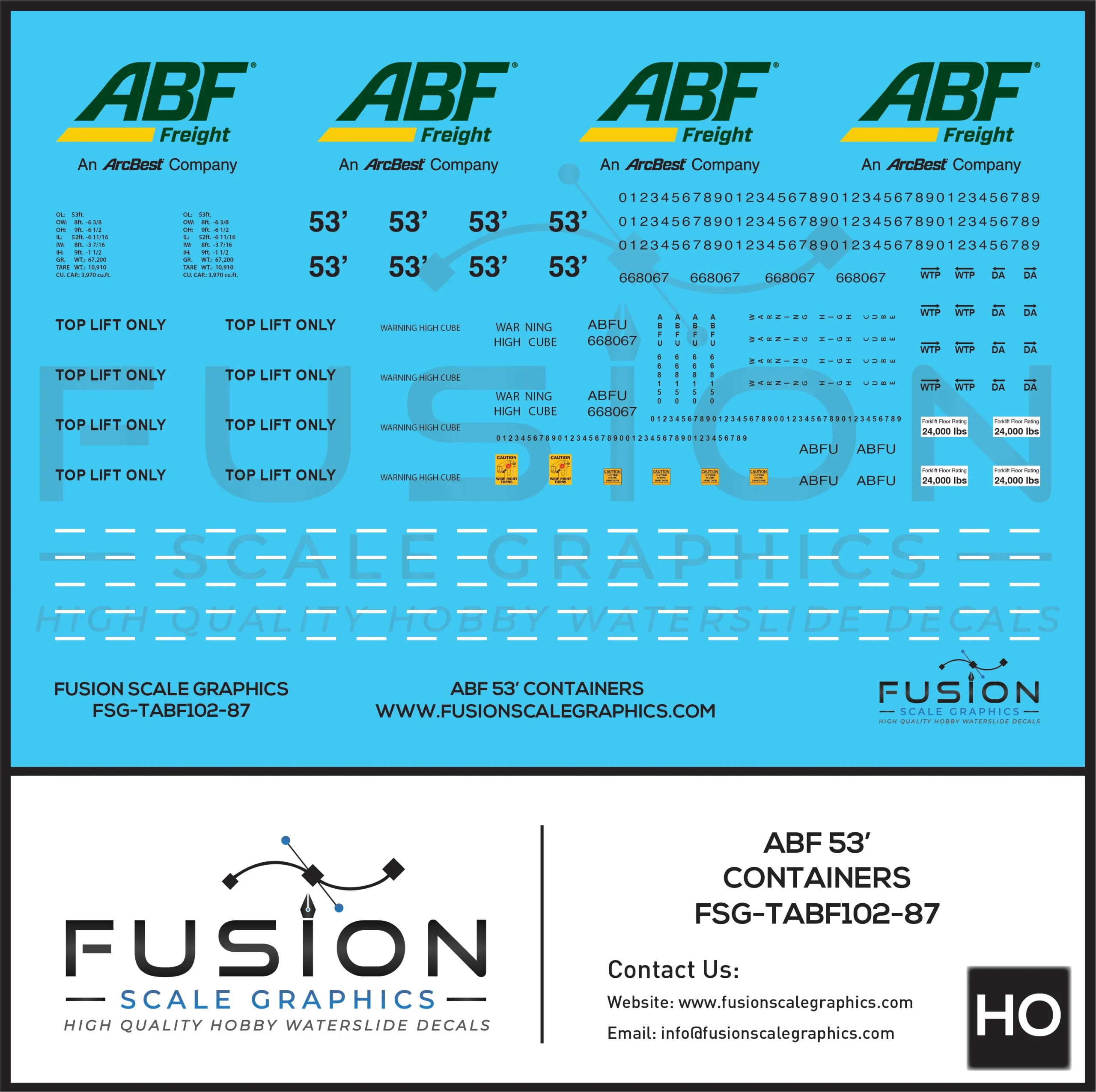 HO Scale ABF Freight Modern 53' Containers Decal Set - Fusion Scale Graphics