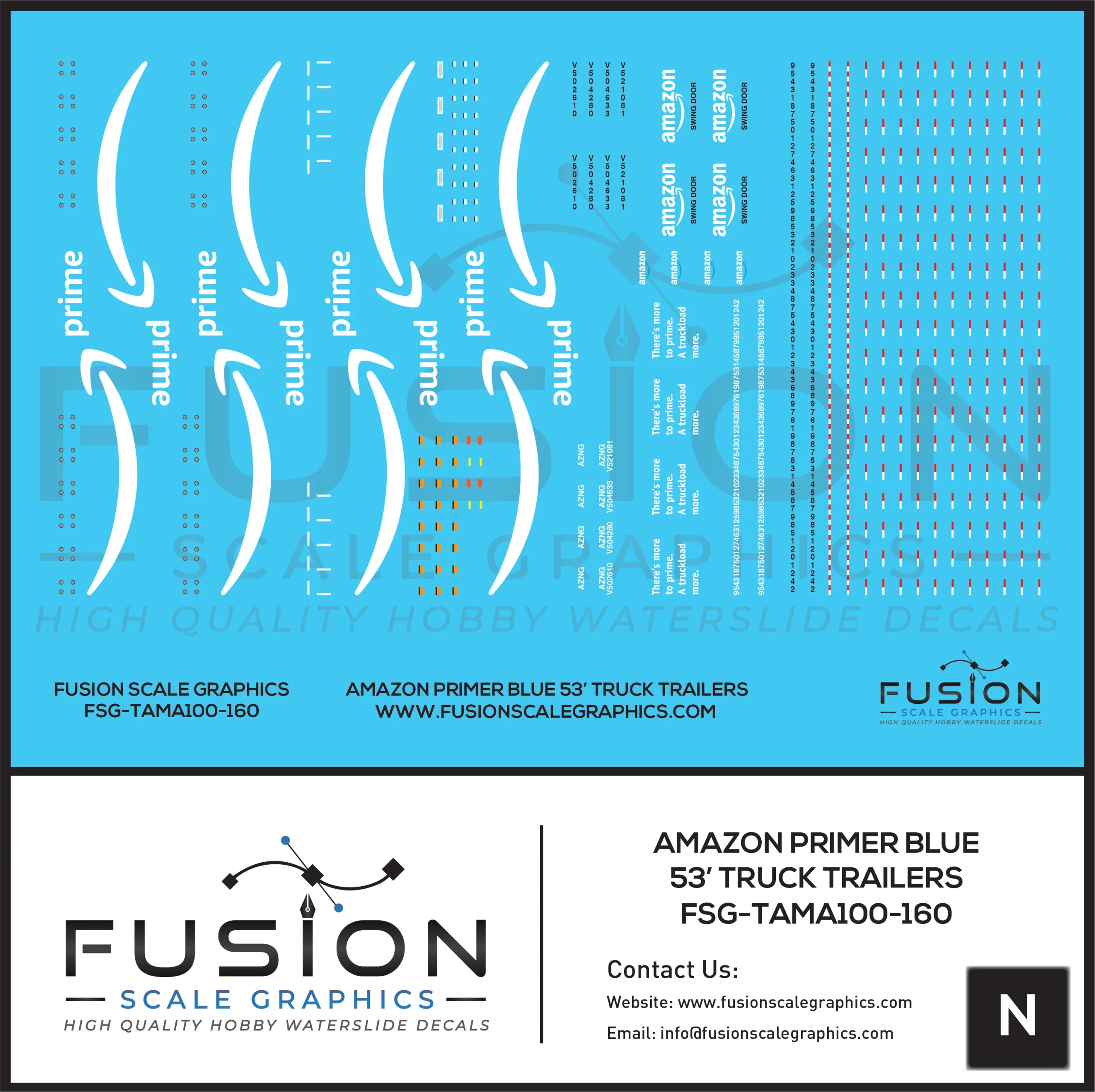 N Scale Amazon Blue 53' Truck Trailer Decal Set Little P Logo - Fusion Scale Graphics