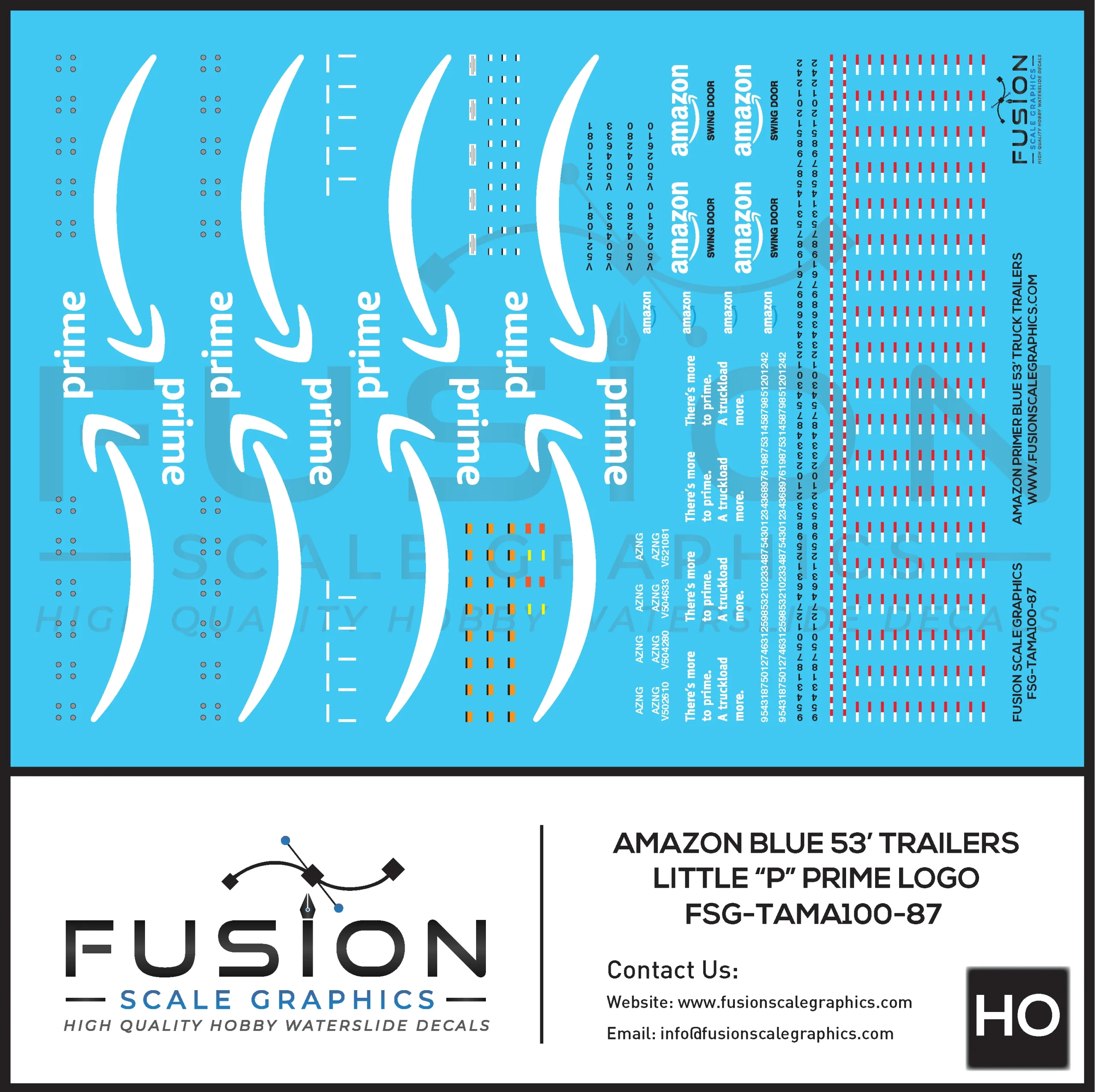 HO Scale Amazon Blue 53' Truck Trailer Decal Set Little P Logo - Fusion Scale Graphics