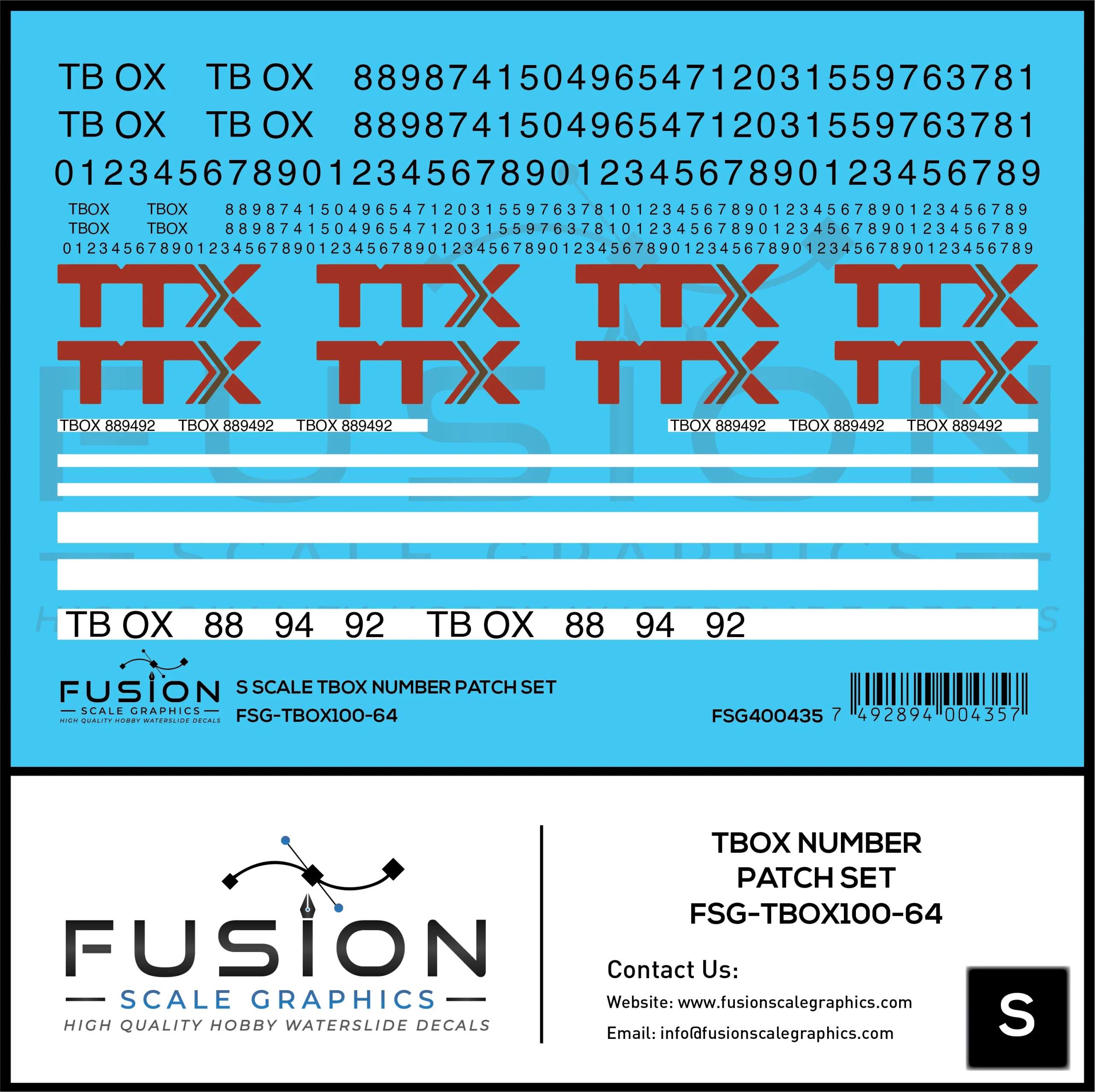 S Scale TBOX Car Number Patching Decal Set - Fusion Scale Graphics