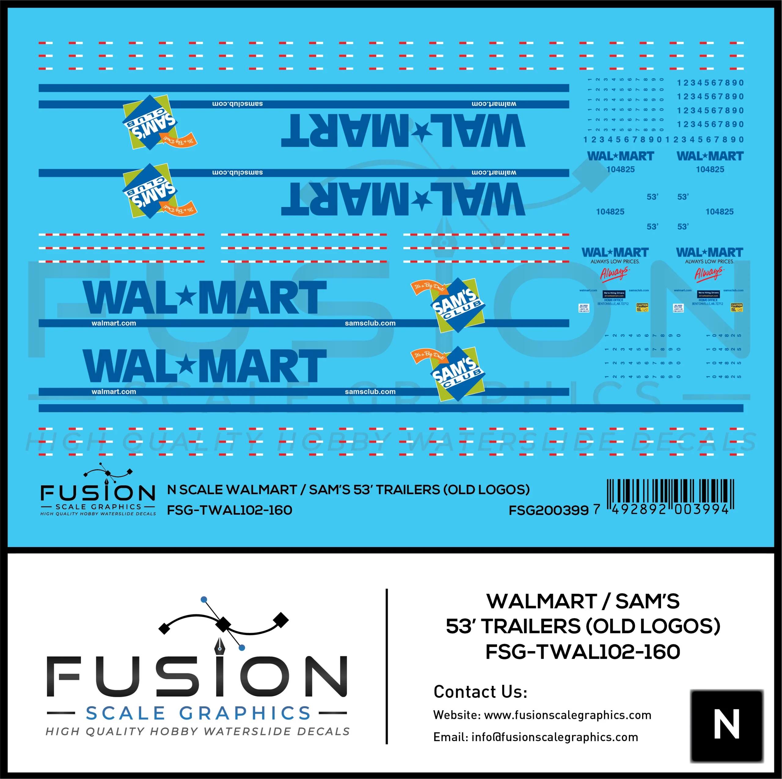 N Scale Walmart / Sam's Club Old Logo 53' Trailers Decal Set - Fusion Scale Graphics