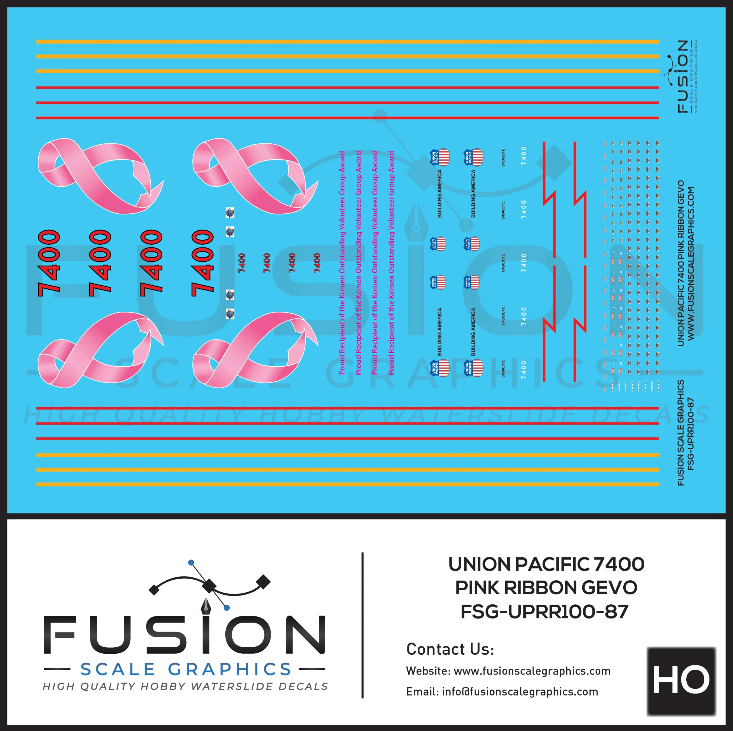 HO Scale Union Pacific 7400 Pink Ribbon GEVO Locomotive Decal Set - Fusion Scale Graphics