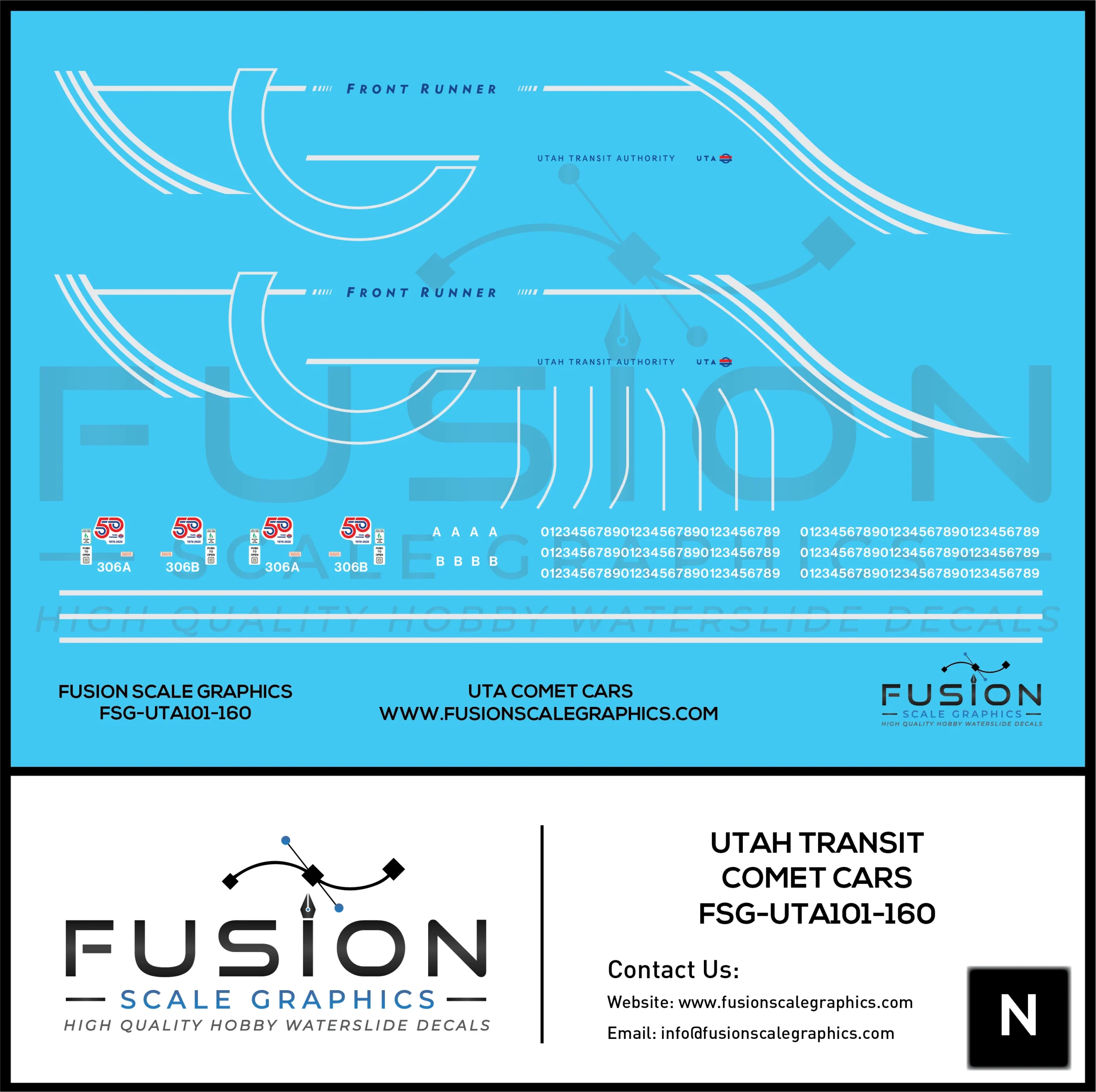 N Scale Utah Transit Authority Comet Car Decal Set - Fusion Scale Graphics
