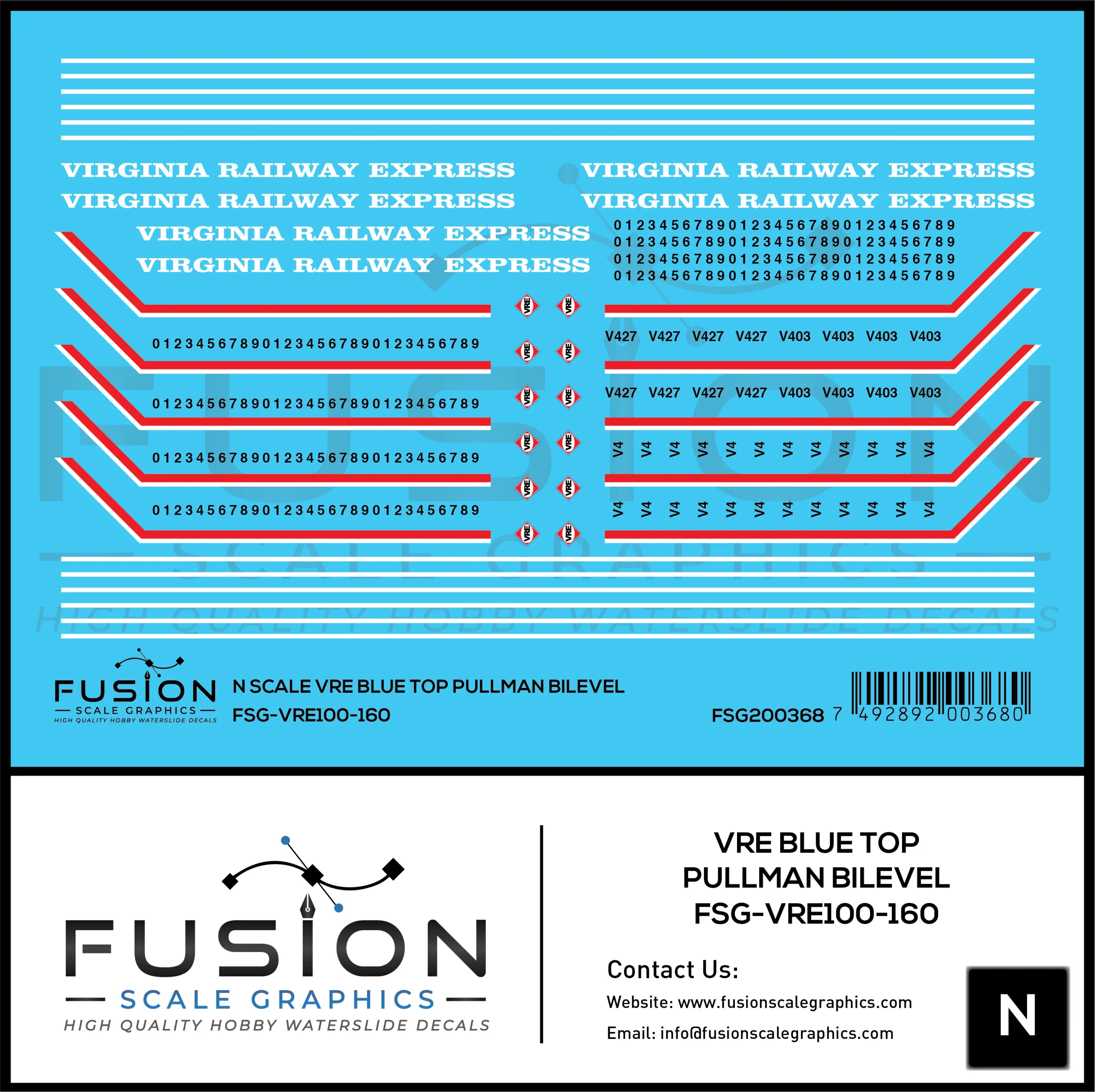 N Scale VRE Virginia Railway Express Blue Top Pullman Bilevels Decal Set - Fusion Scale Graphics