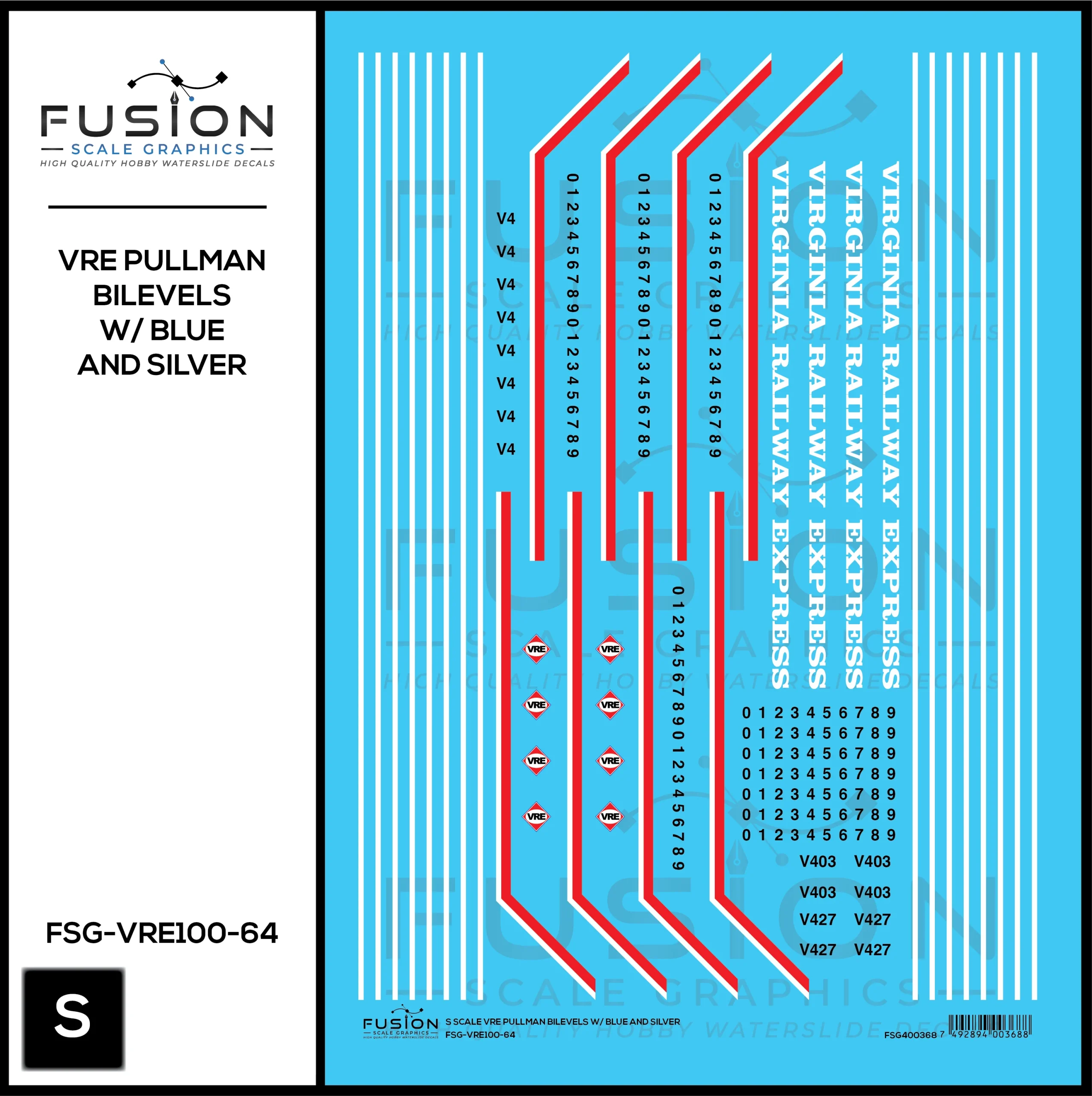 S Scale VRE Virginia Railway Express Blue Top Pullman BiLevel Decal Set - Fusion Scale Graphics