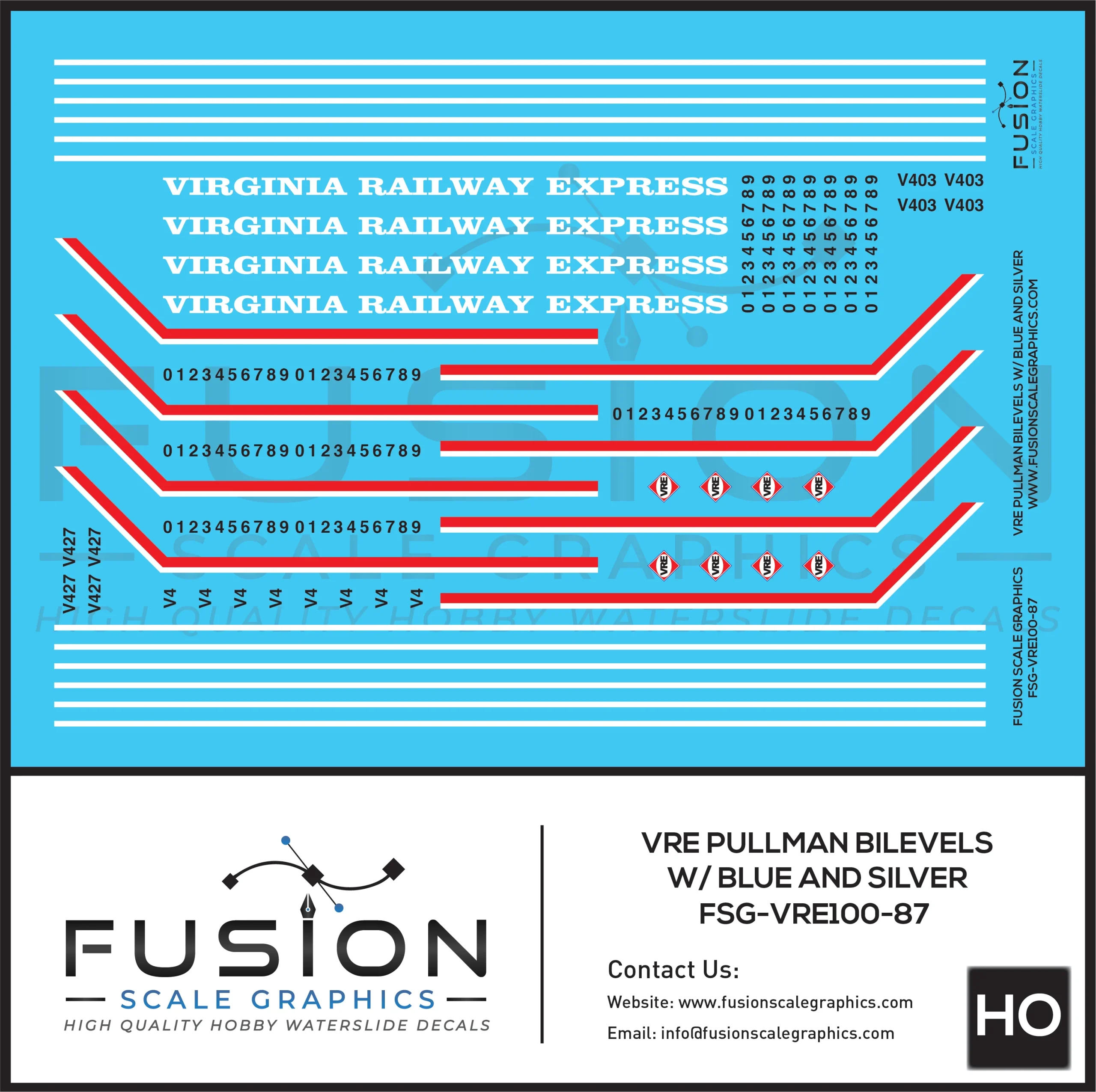 HO Scale VRE Virginia Railway Express Blue Top Pullman BiLevel Decal Set - Fusion Scale Graphics