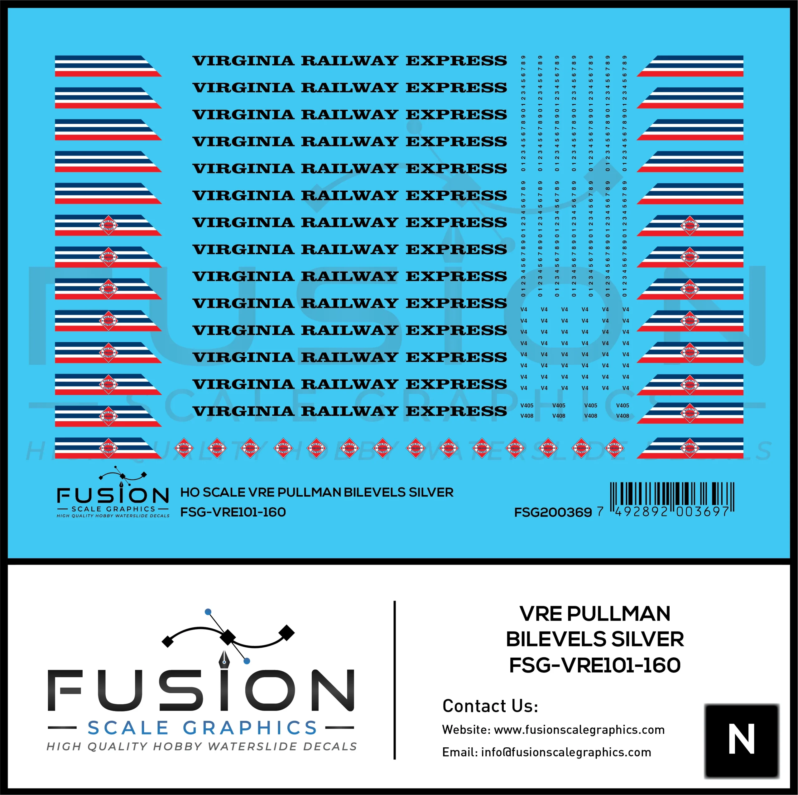N Scale VRE Virginia Railway Express Silver Pullman Bilevel Decal Set - Fusion Scale Graphics