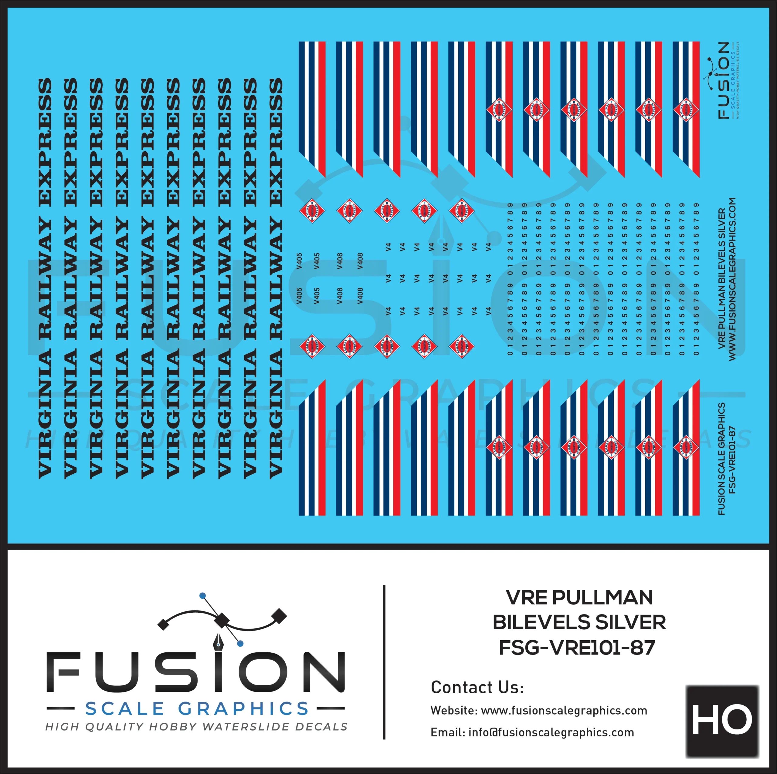 HO Scale VRE Virginia Railway Express Silver Pullman BiLevel Decal Set - Fusion Scale Graphics