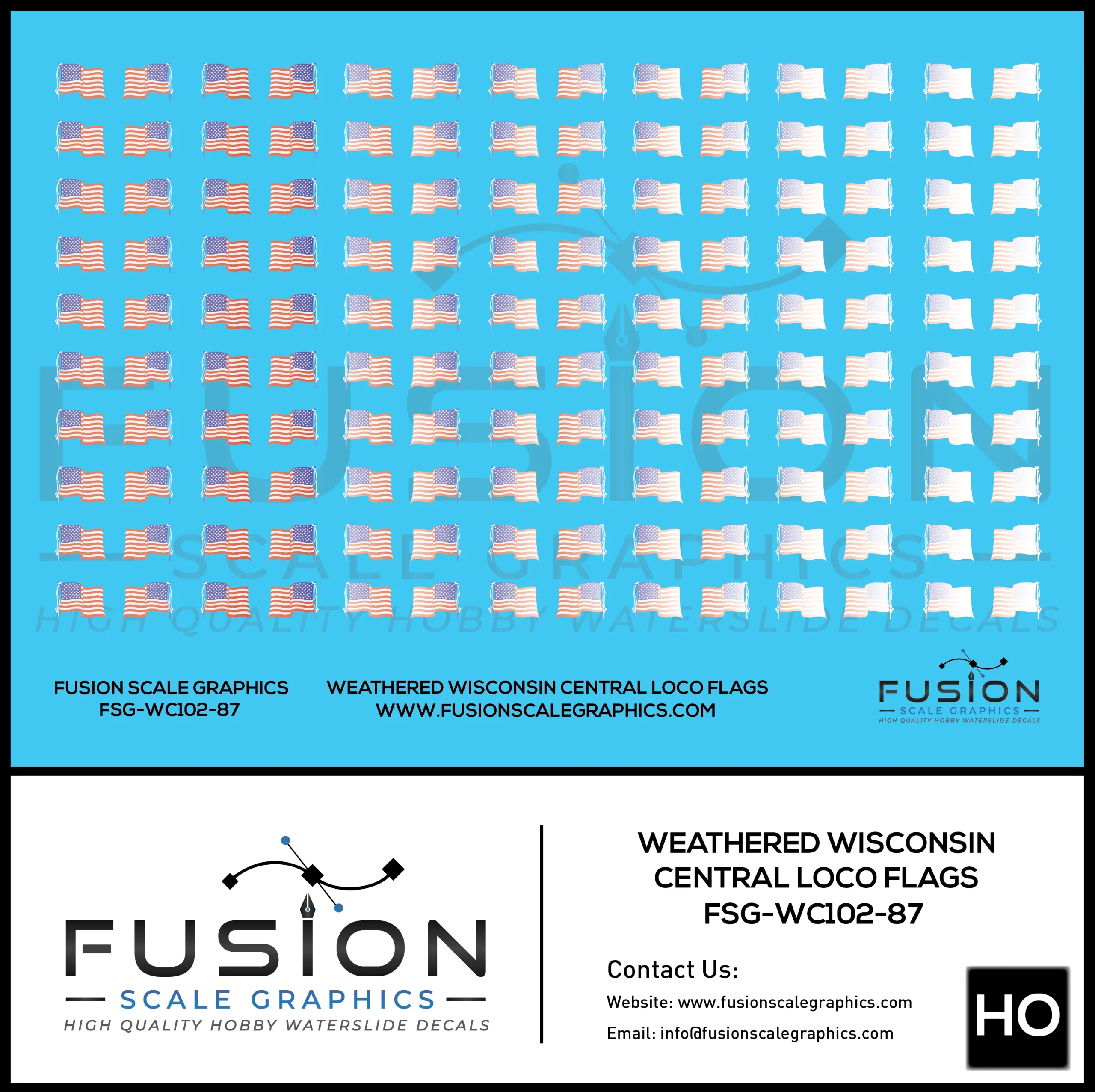 HO Scale Weathered Wisconsin Central Locomotive Flags Decal Set - Fusion Scale Graphics