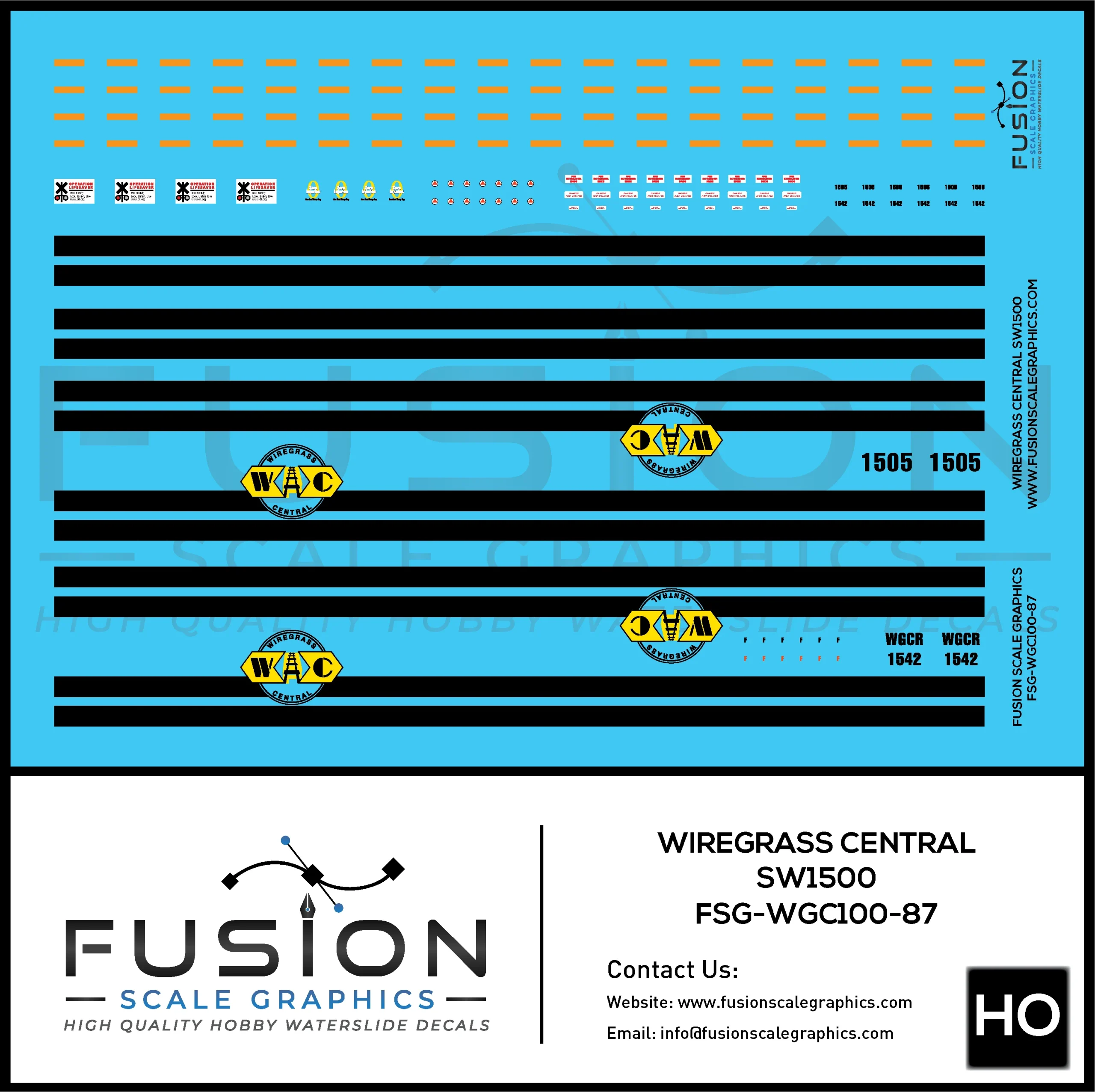 HO Scale Wiregrass Central EMD SW1500 Locomotives Decal Set - Fusion Scale Graphics