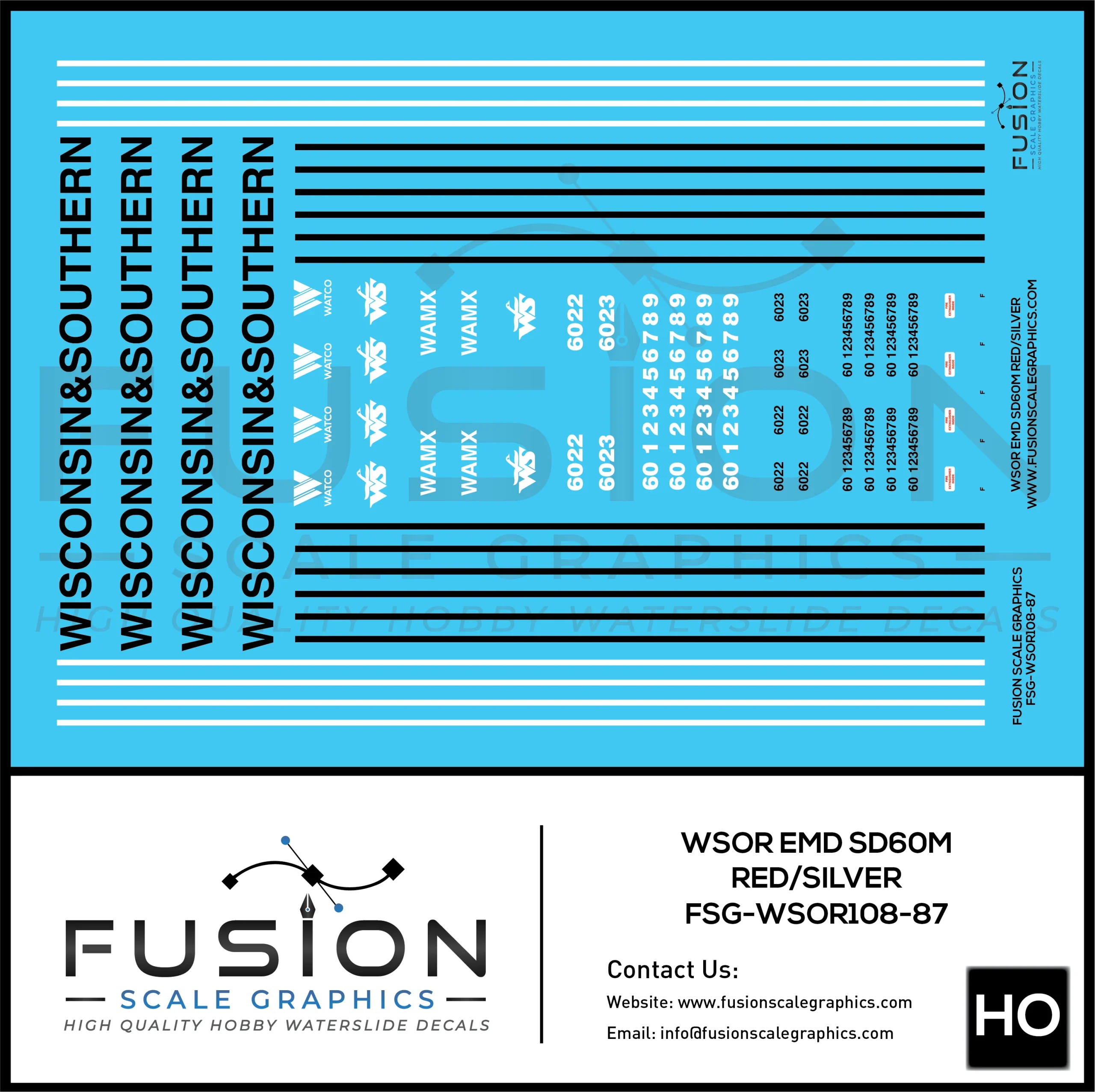 HO Scale Wisconsin & Southern WSOR EMD SD60M (ex UP) Locomotives Decal Set - Fusion Scale Graphics