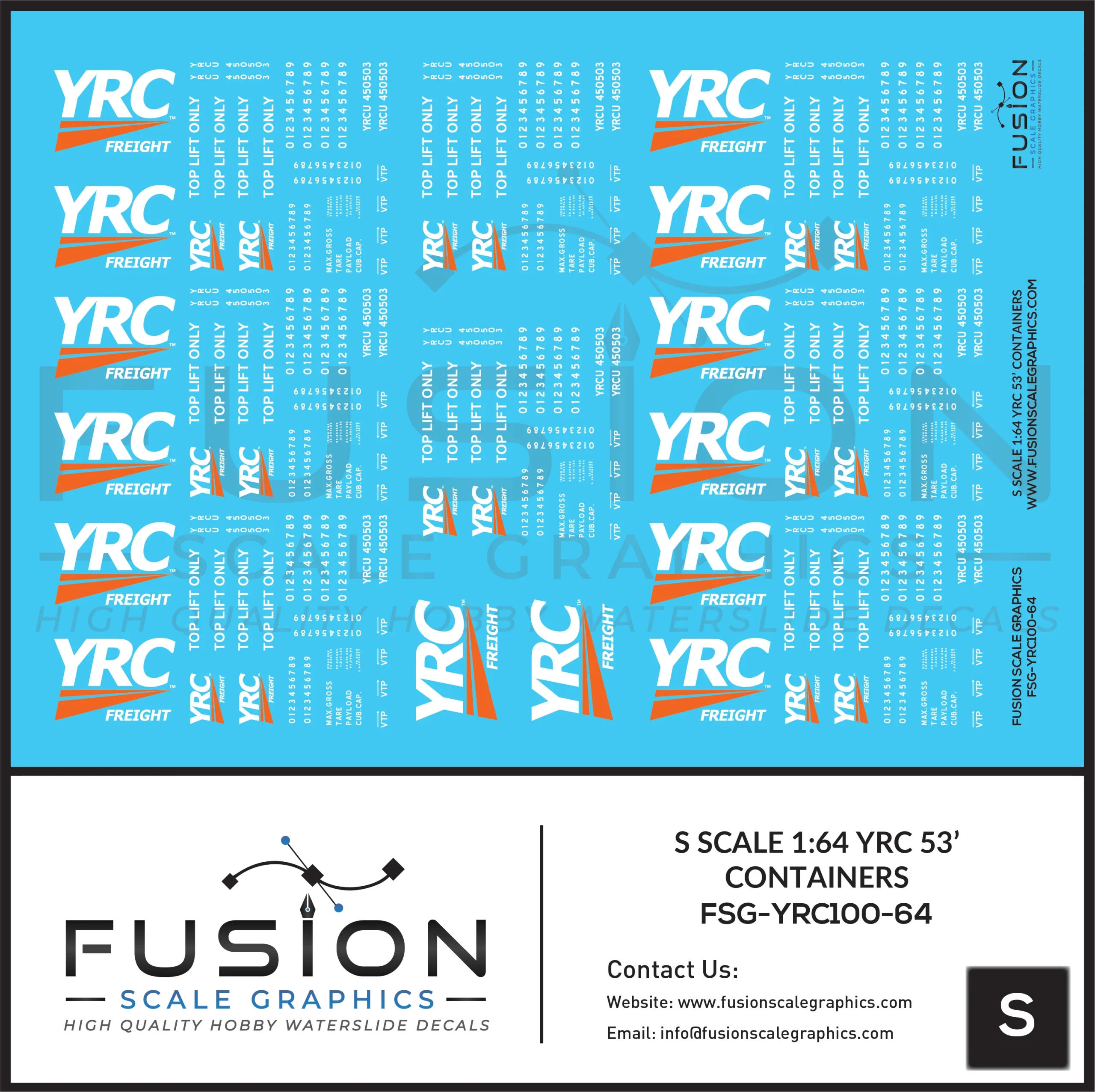 1:64 S Scale YRC Freight 53' Containers Decal Set - Fusion Scale Graphics