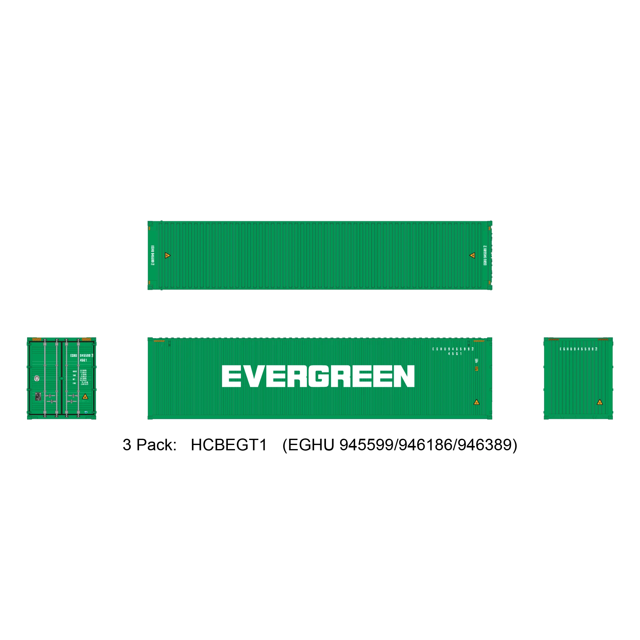 Aurora Miniatures HO 40ft Containers 3 Pack Evergreen (EGHU 945599/946186/946389)