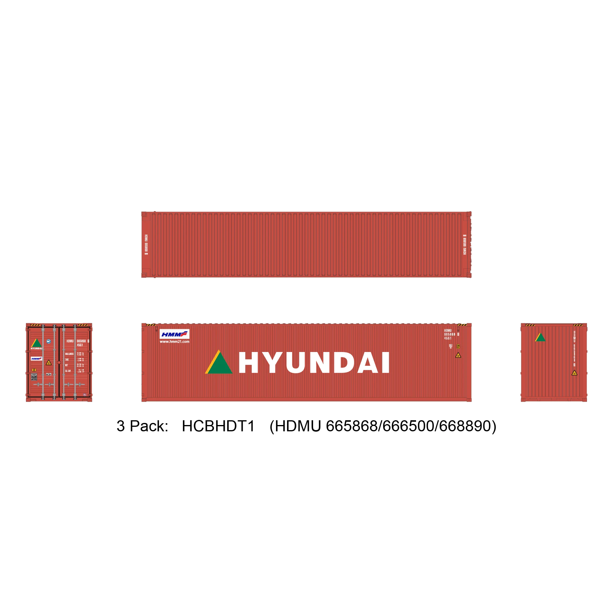 Aurora Miniatures HO 40ft Containers 3 Pack Hyundai (HDMU 665868/666500/668890)