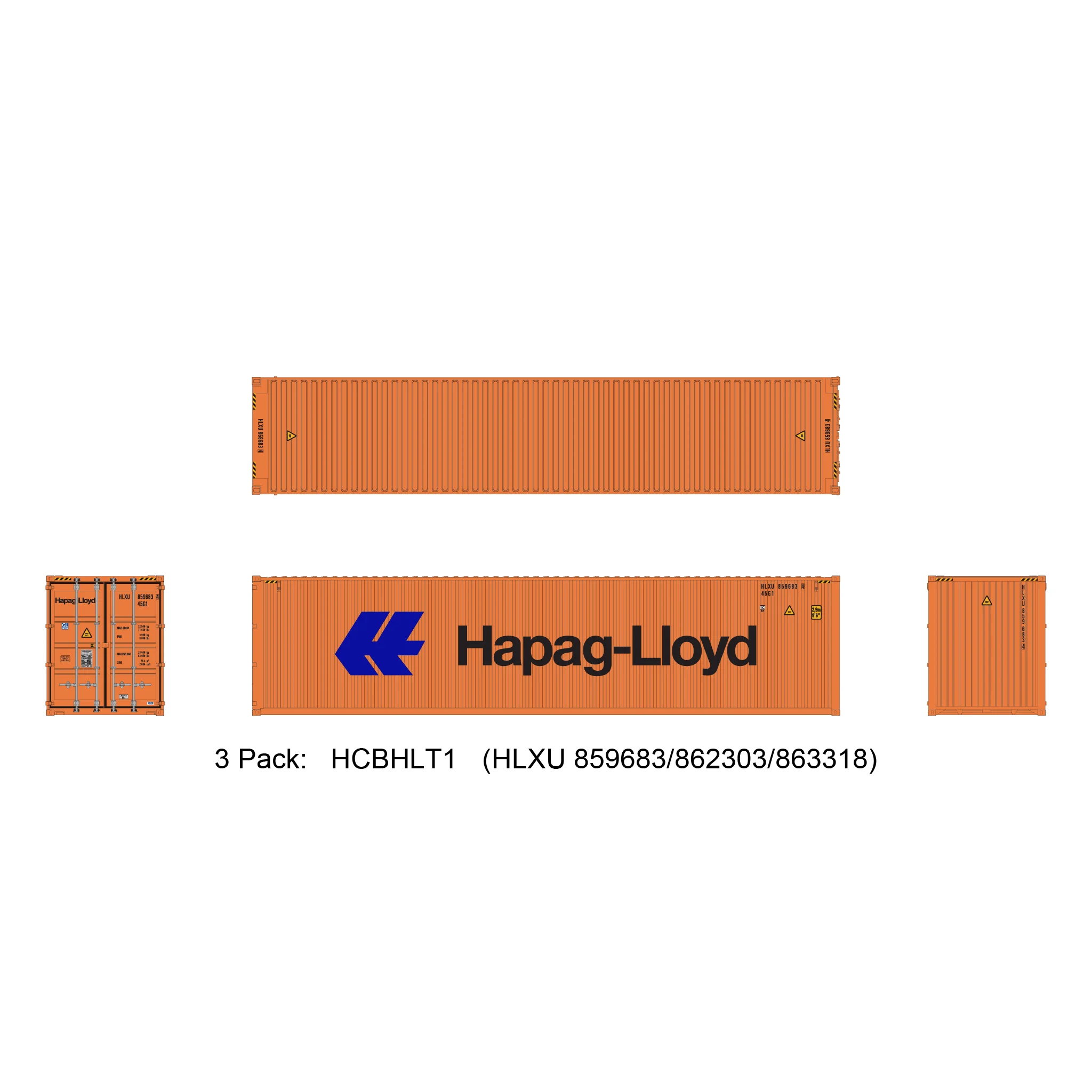 Aurora Miniatures HO 40ft Containers 3 Pack Hapag-Lloyd Large Logo (HLXU 859683/862303/863318)