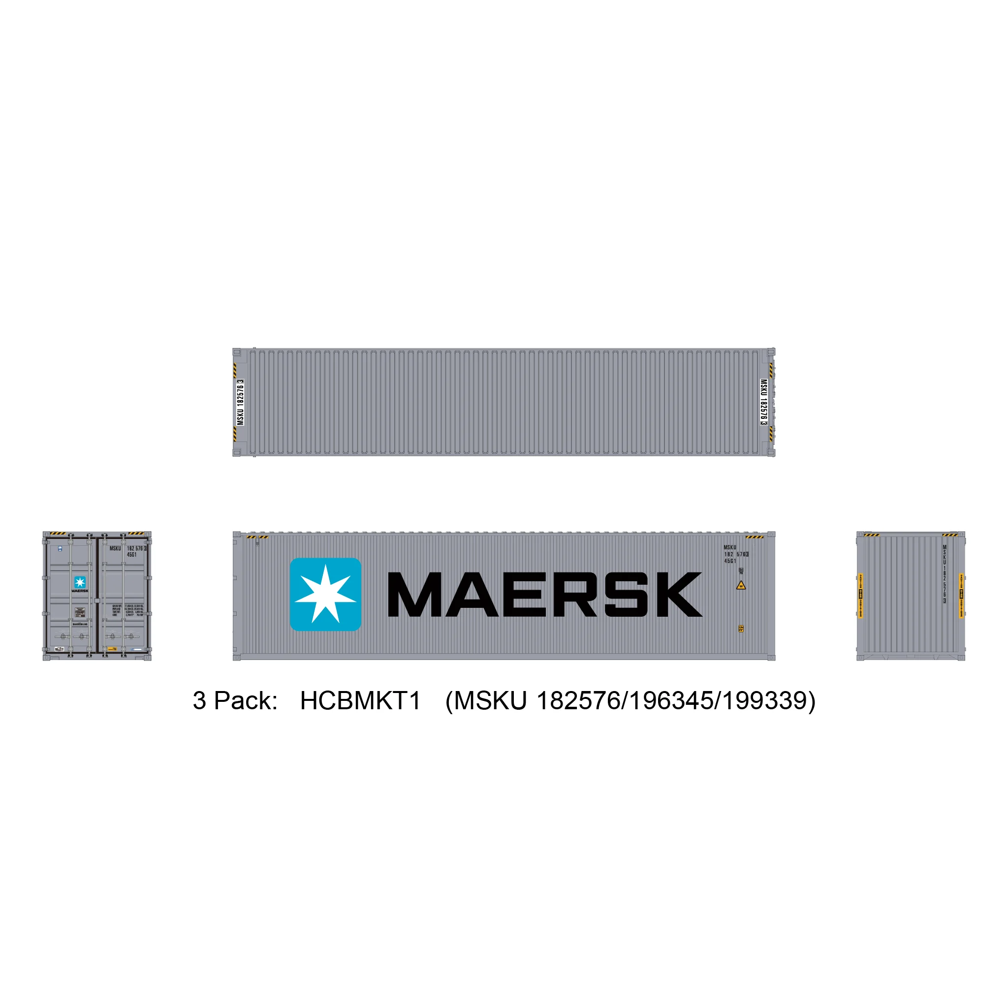 Aurora Miniatures HO 40ft Containers 3 Pack Maersk Large Logo #1 (MSKU 182576/196345/199339)