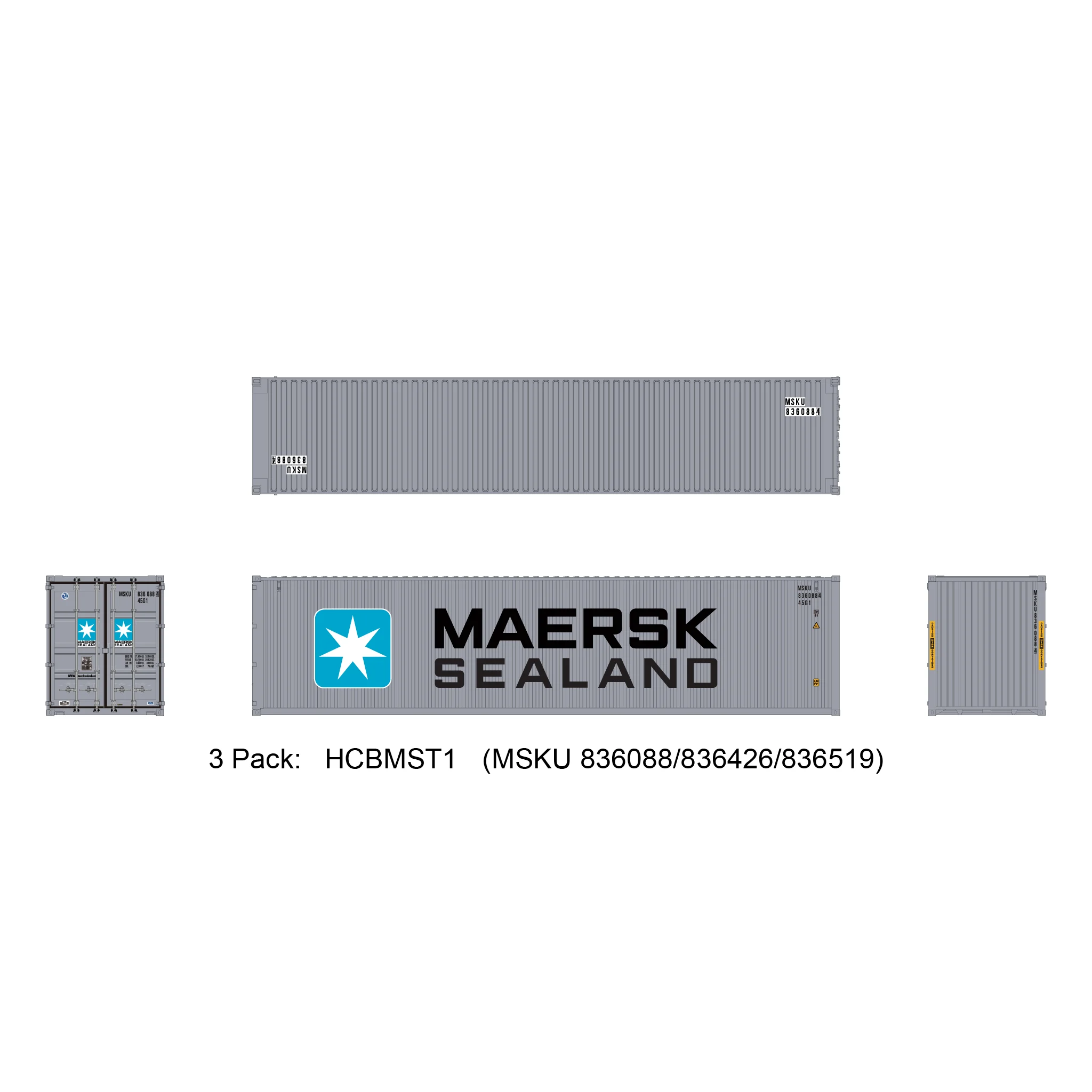Aurora Miniatures HO 40ft Containers 3 Pack Maersk Sealand #1 (MSKU 836088/836426/836519)