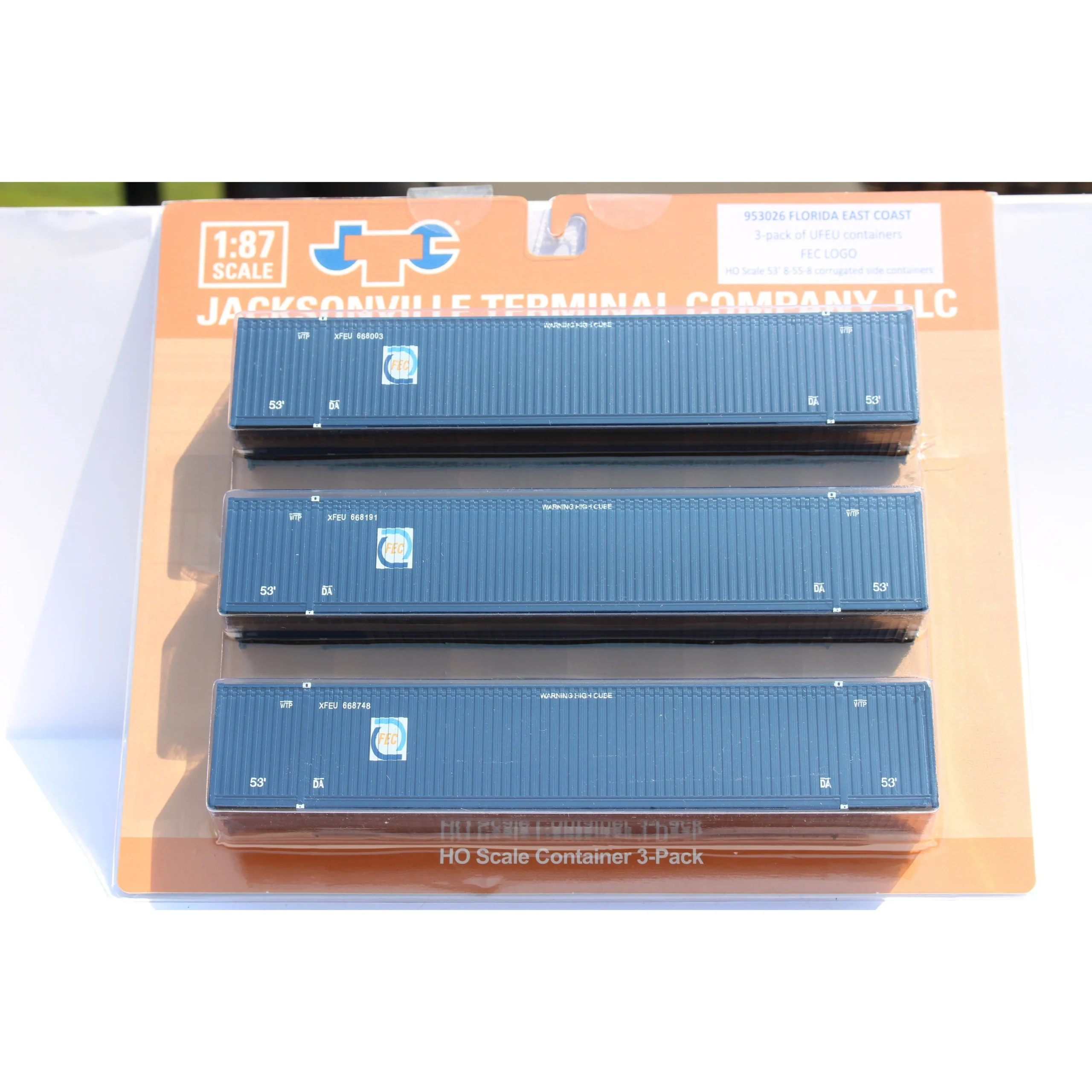 Jacksonville Terminal HO Scale FEC 53' High Cube Containers 3-Pack Set 8 - JTC 953026