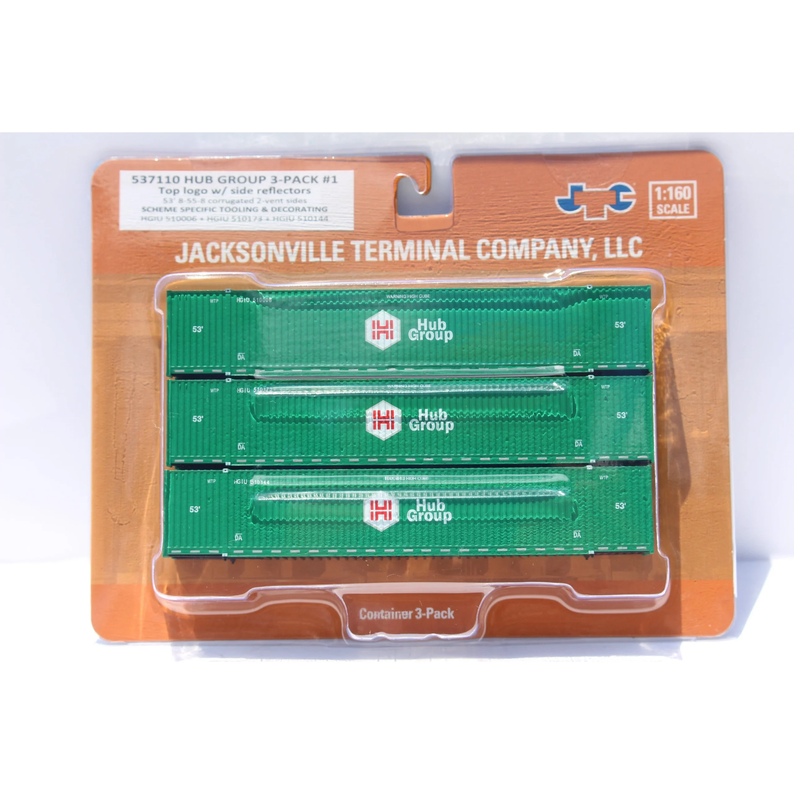 Jacksonville Terminal N Scale HUB Group w/Top Logo #1 53' High Cube Containers 3-Pack - JTC 537110