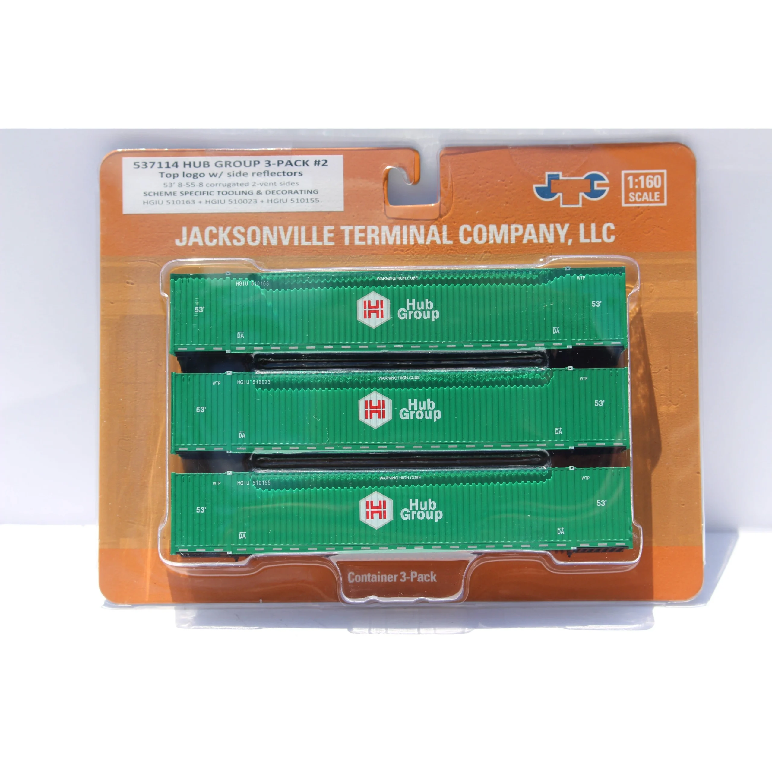 Jacksonville Terminal N Scale HUB Group w/Top Logo #2 53' High Cube Containers 3-Pack - JTC 537114