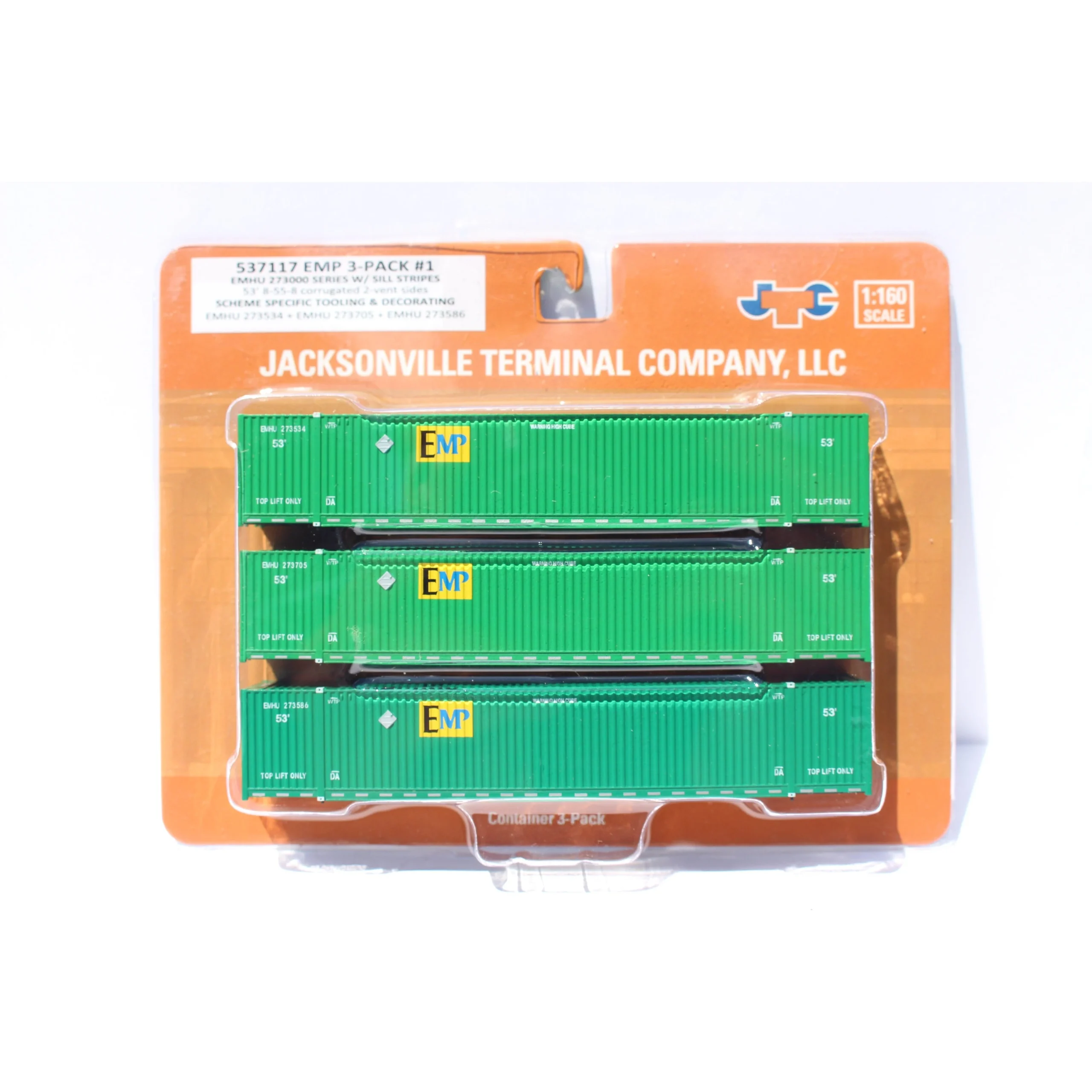 Jacksonville Terminal N Scale EMP/green w/sill striping 53' High Cube Containers 3-Pack - JTC 537117
