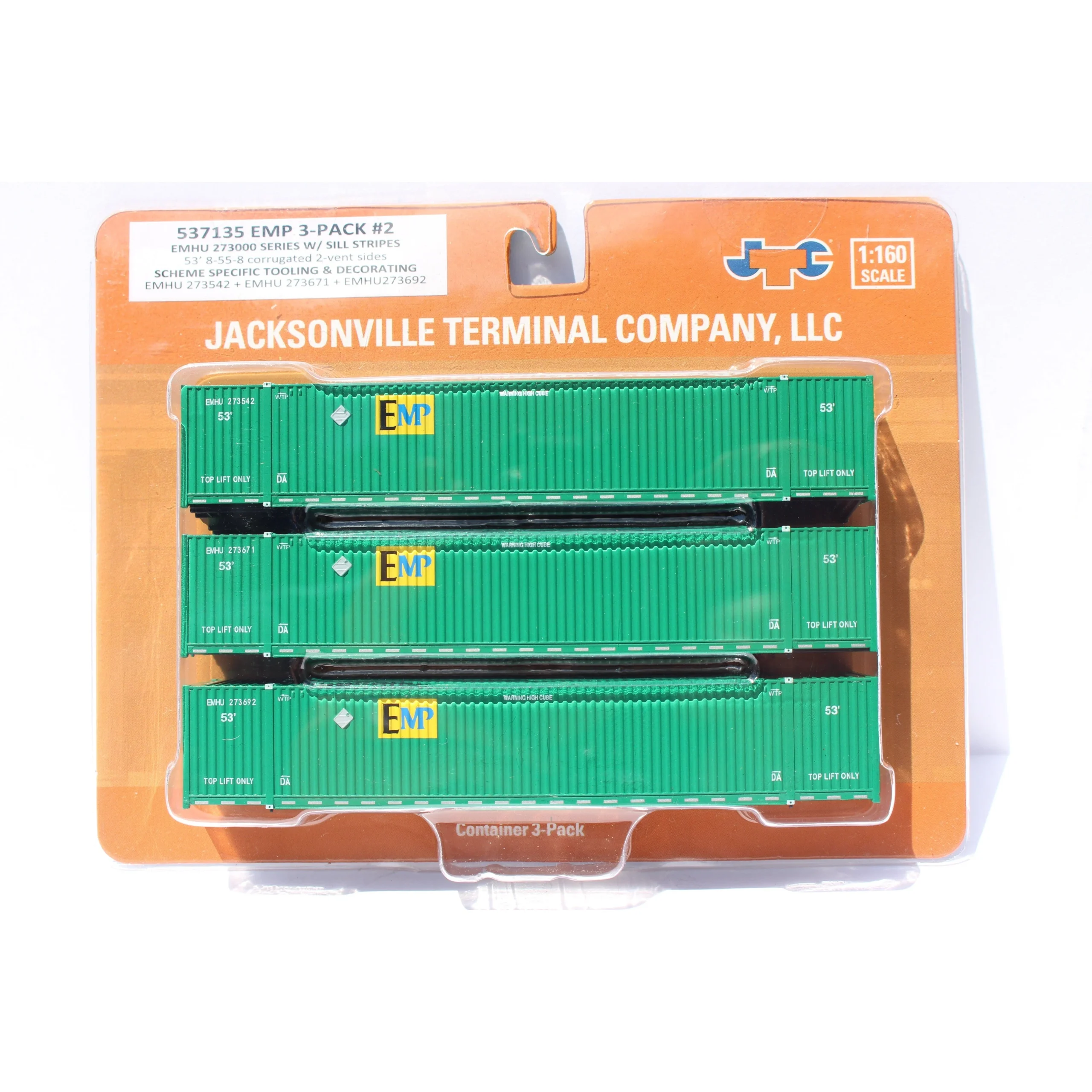 Jacksonville Terminal N Scale EMP/green w/sill striping 53' High Cube Containers 3-Pack - JTC 537135