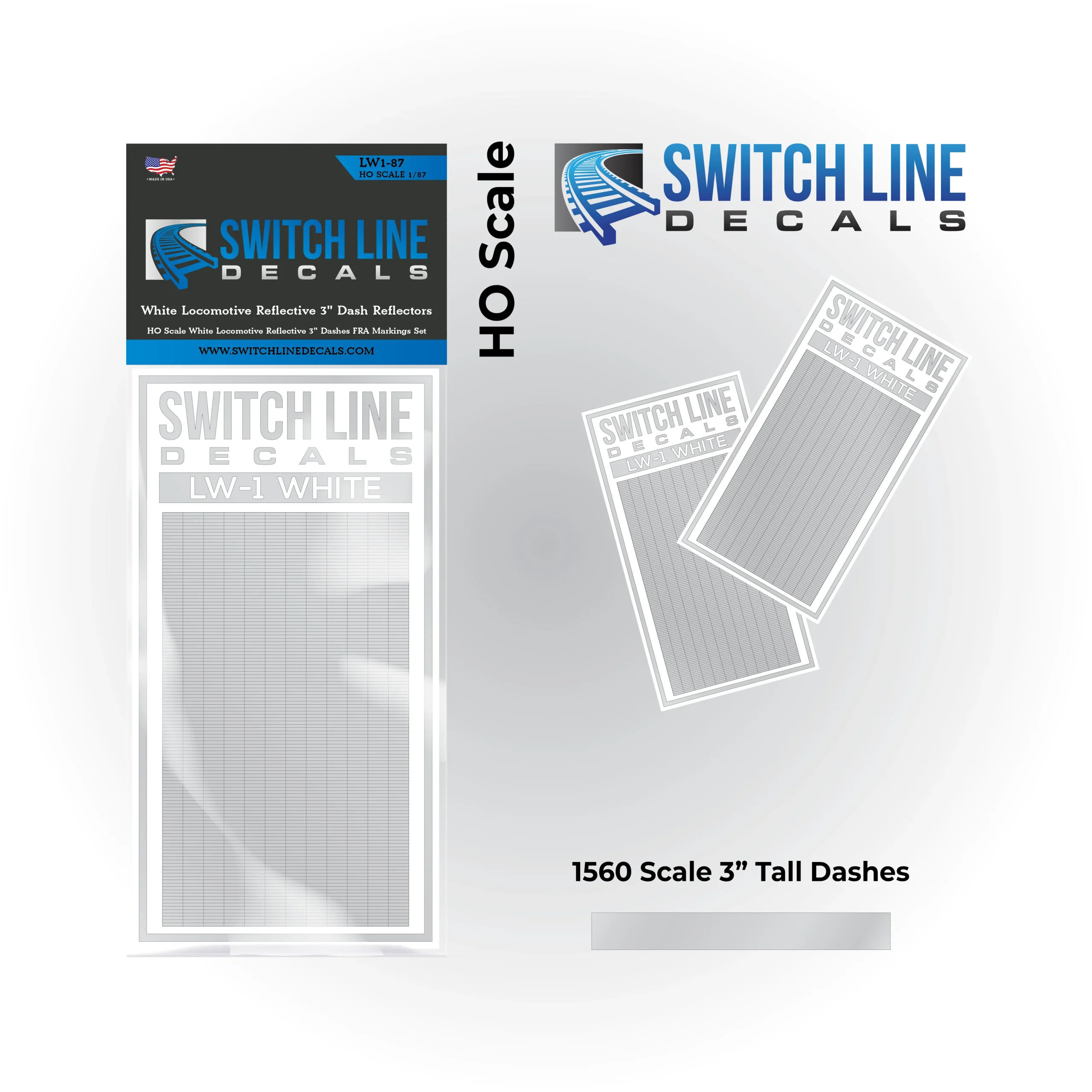 HO Scale White Locomotive Reflective 3" Dashes FRA Markings Set - Switch Line Decals