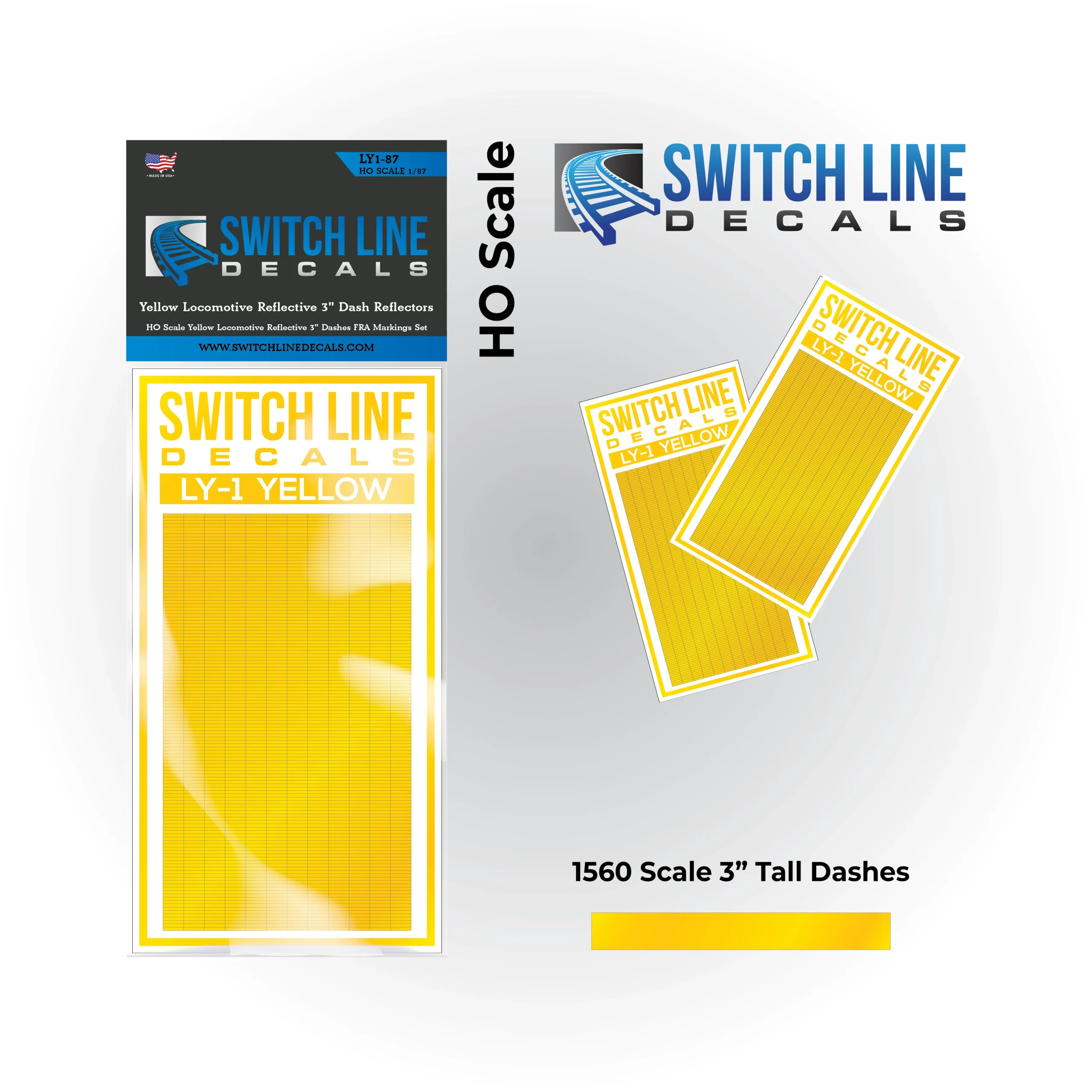 HO Scale Yellow Locomotive Reflective 3" Dashes FRA Markings Set - Switch Line Decals