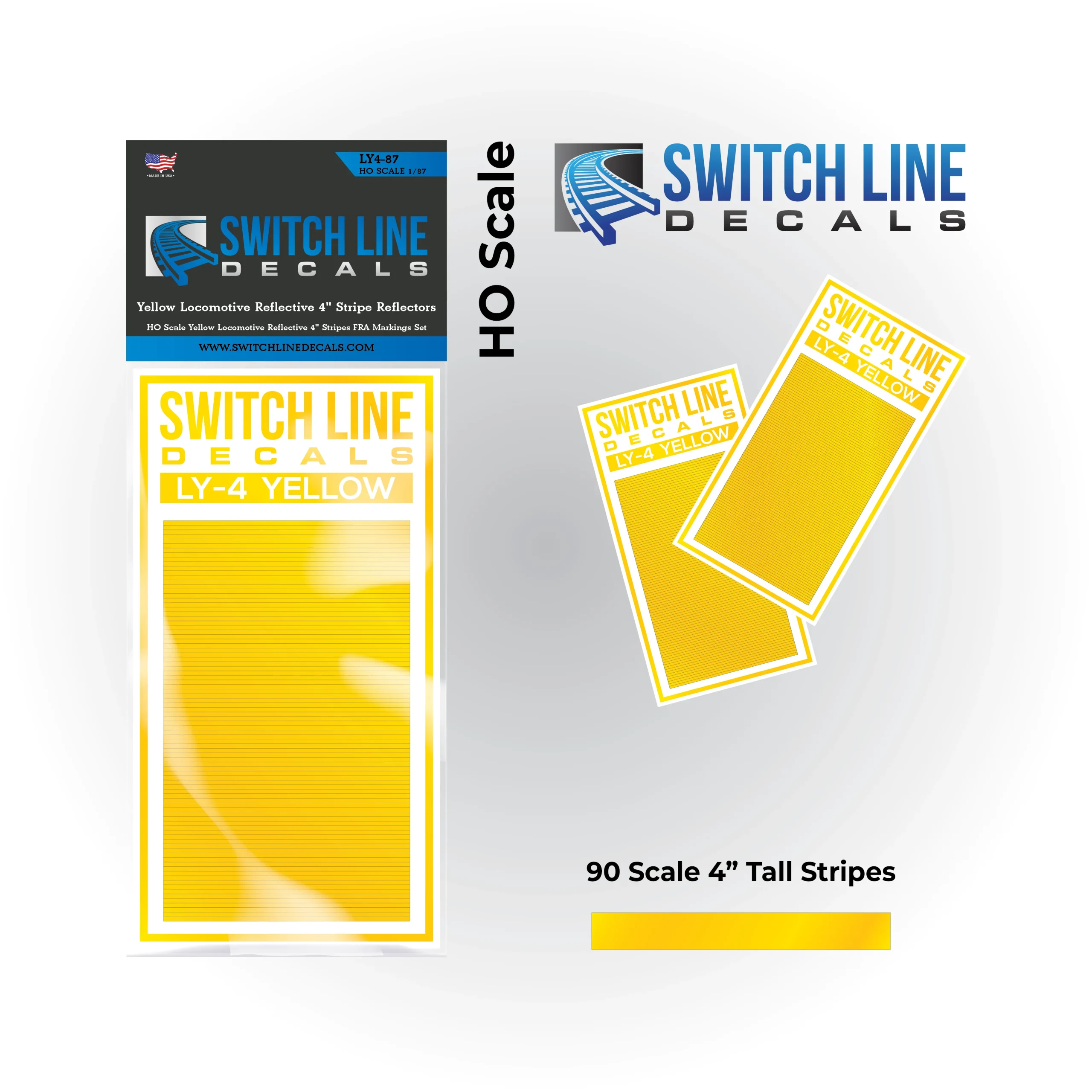 HO Scale Yellow Locomotive Reflective 4" Stripes FRA Markings Set - Switch Line Decals