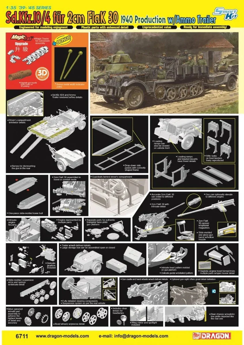 1/35 Dragon Model Sd.Kfz.10/4 für 2cm FlaK 30 1940 Production w/Ammo Trailer 6711 - Dragon Models