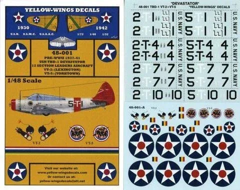 1/48 Yellow Wings Decals TBD-1 Devastator VT-2 & VT-5 48-001