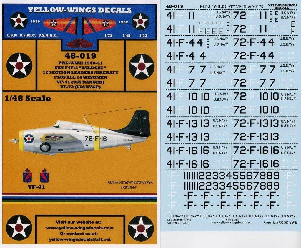1/48 Yellow Wings Decals F4F-3 Wildcat VF-41 & VF-72 48-019