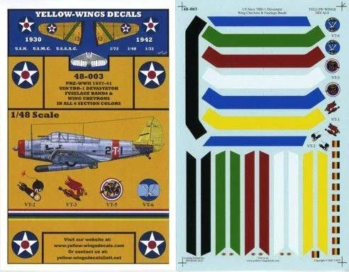 1/48 Yellow Wings Decals TBD-1 Devastator Chevrons & Fuselage Bands 48-003