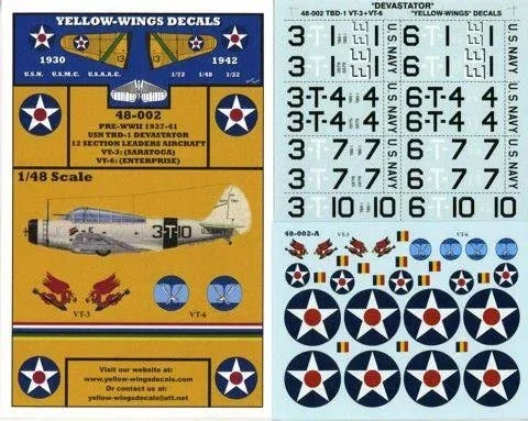 1/48 Yellow Wings Decals TBD-1 Devastator VT-3 & VT-6 48-002