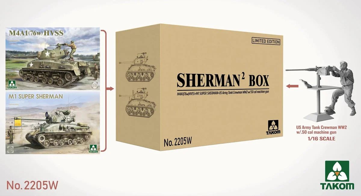 1/35 Takom Sherman² Box M4A1(76W) HVSS+M1Super Sherman+US Army Tank Crewman WW2 w/.50 Cal Machine Gun 2205W - Takom Models