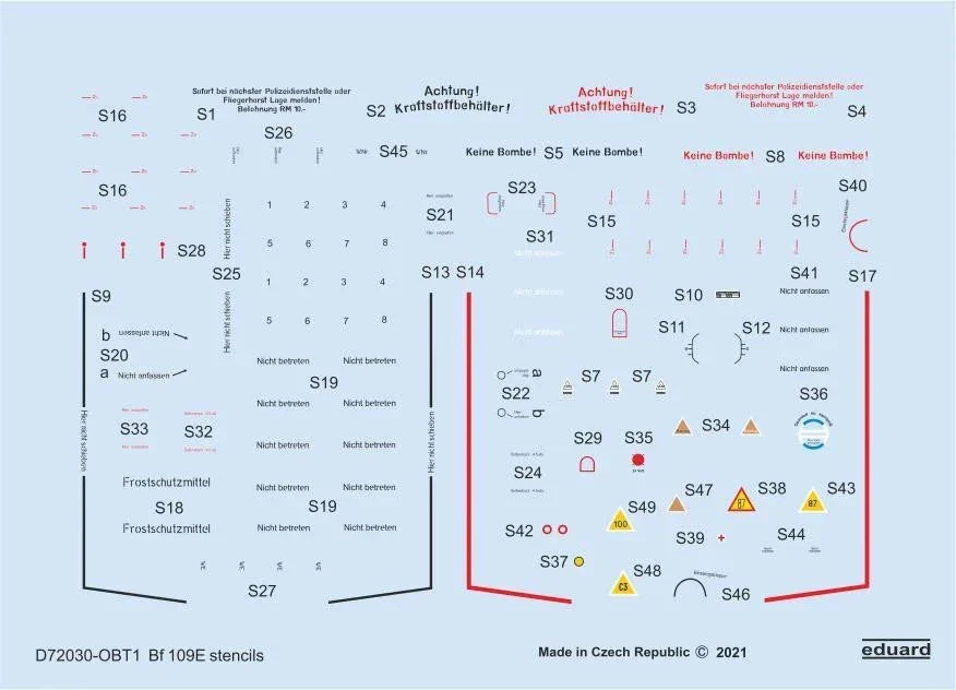 1/72 Eduard Bf 109E stencils for SPECIAL HOBBY/TAMIYA/AIRFIX D72030