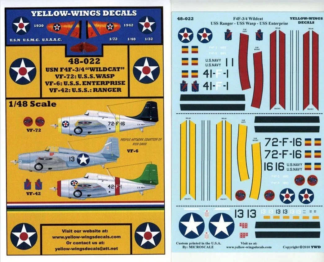 1/48 Yellow Wings Decals F4F-3 Wildcat Complete Package 48-022