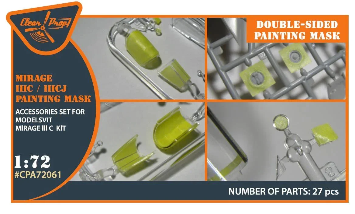 1/72 Clear Prop Mirage IIIC/IIICJ Double-Sided Painting Mask on Yellow Kabuki Paper for Modelsvit Kit 72061