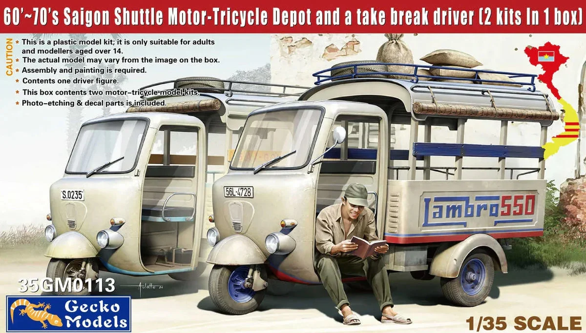 1/35 Gecko Models 60s & 70s Saigon Shuttle Motor-Tricycle Depot & Driver Plastic Model Kit 35GM0113