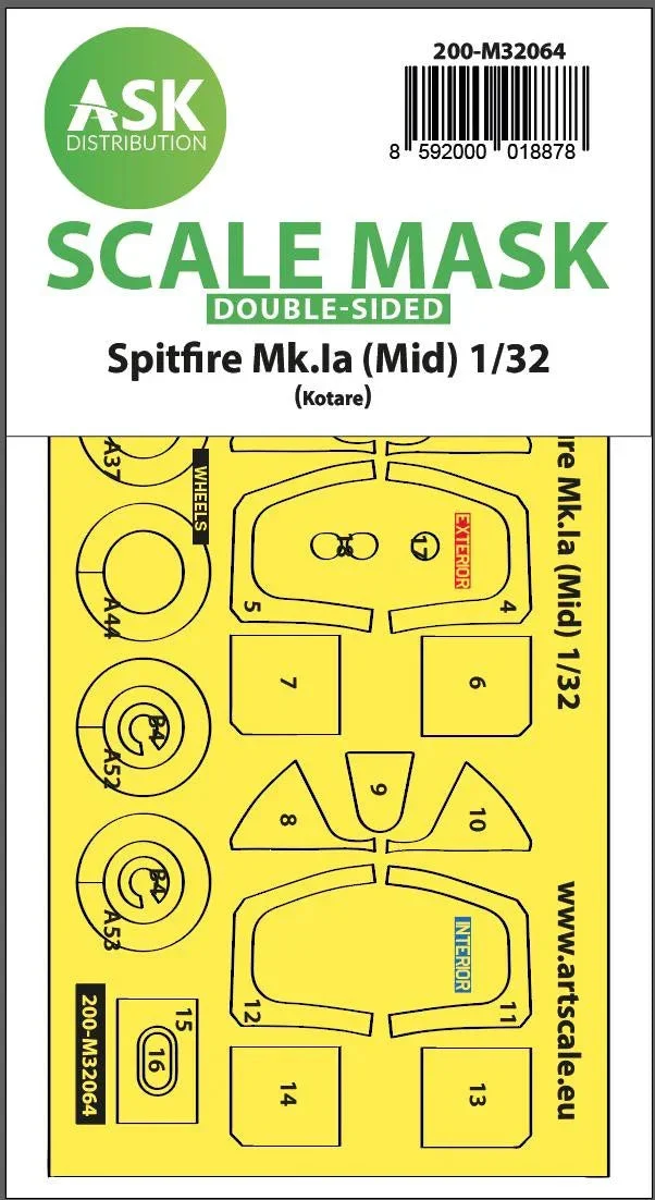 1/32 Art Scale Spitfire Mk.Ia (mid) Double-Sided Express Fit and Self Adhesive Mask for Kotare 32064