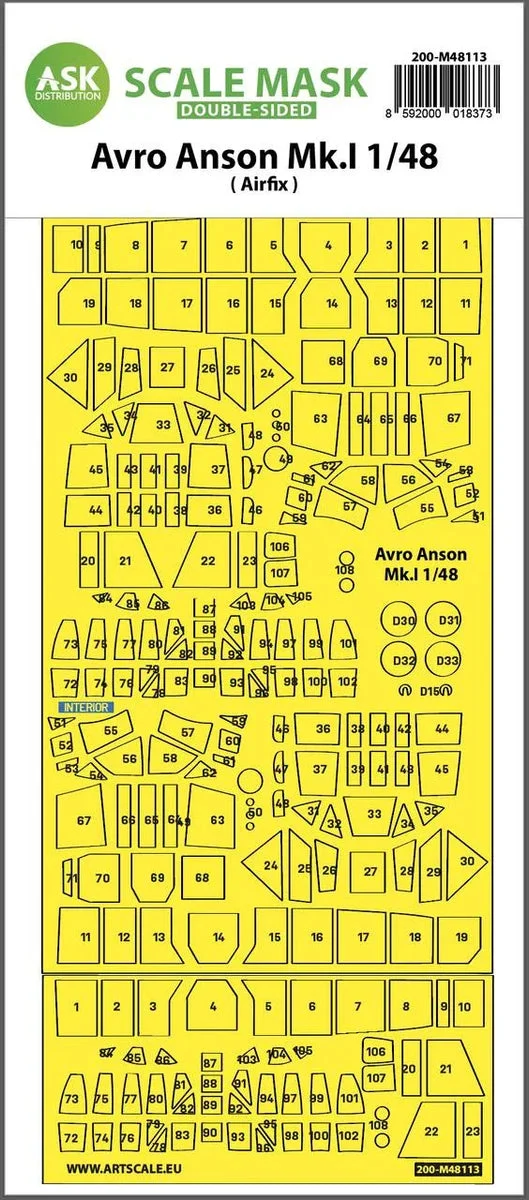 1/48 Art Scale Avro Anson Mk.I Double-Sided Express Mask, Self-Adhesive and Pre-Cutted for Airfix 48113