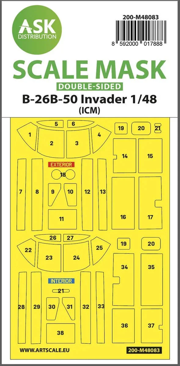 1/48 Art Scale B-26B-50 Invader Double-Sided Mask Self-Adhesive Pre-Cutted for ICM 48083