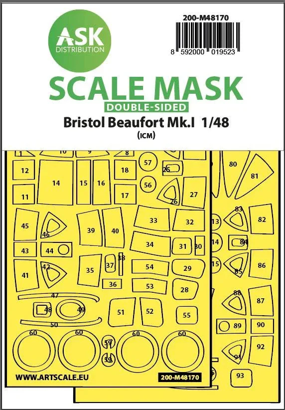 1/48 Art Scale Bristol Beaufort Mk.I Double-Sided Express Fit Mask for ICM 48170